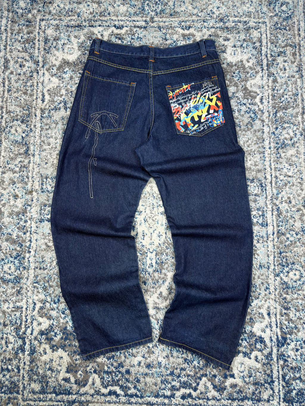 Vintage Y2K Kani Gold Embroidered Logo Graffiti Pocket Pants Size 36