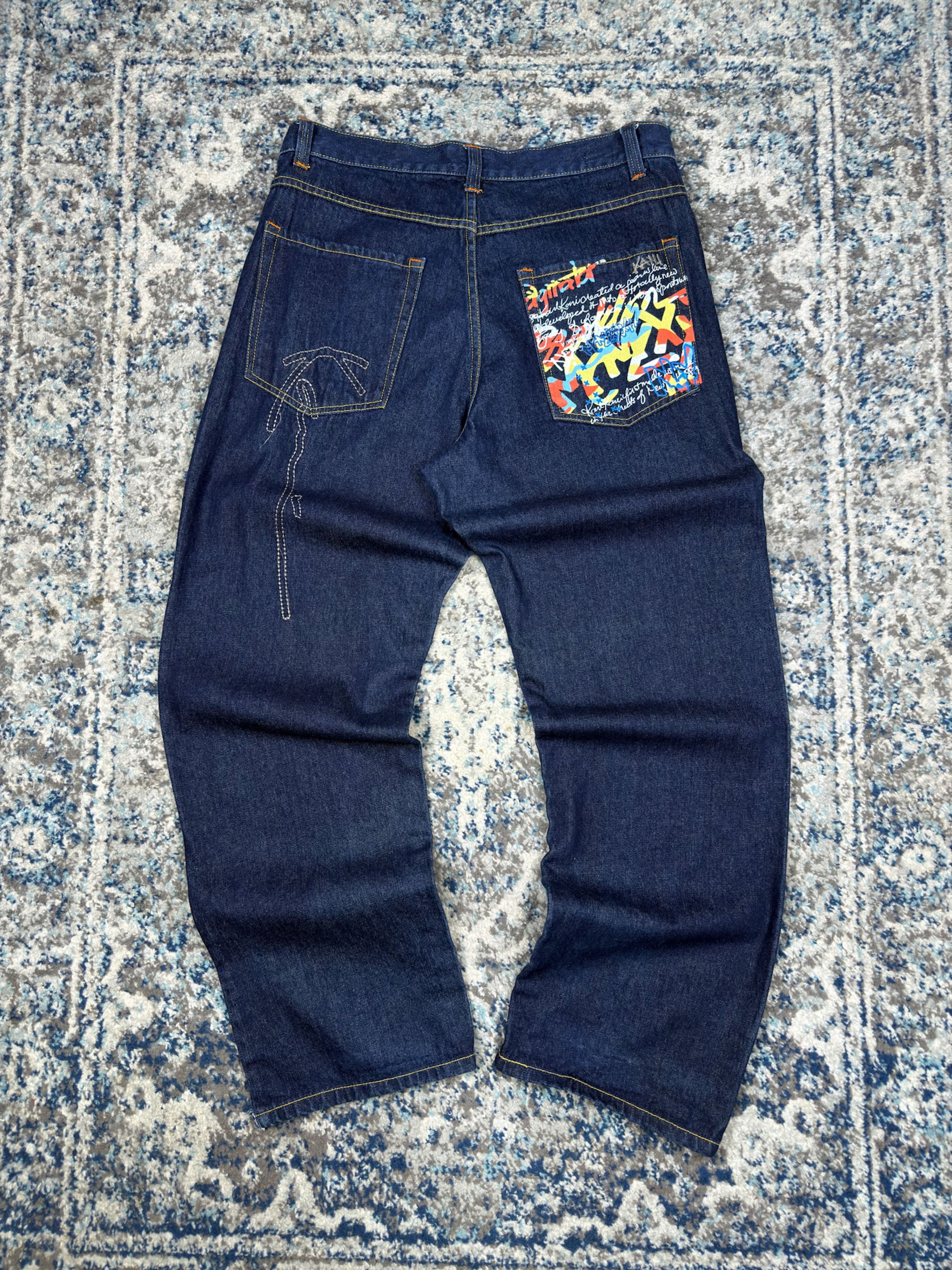 Vintage Y2K Kani Gold Embroidered Logo Graffiti Pocket Pants Size 36