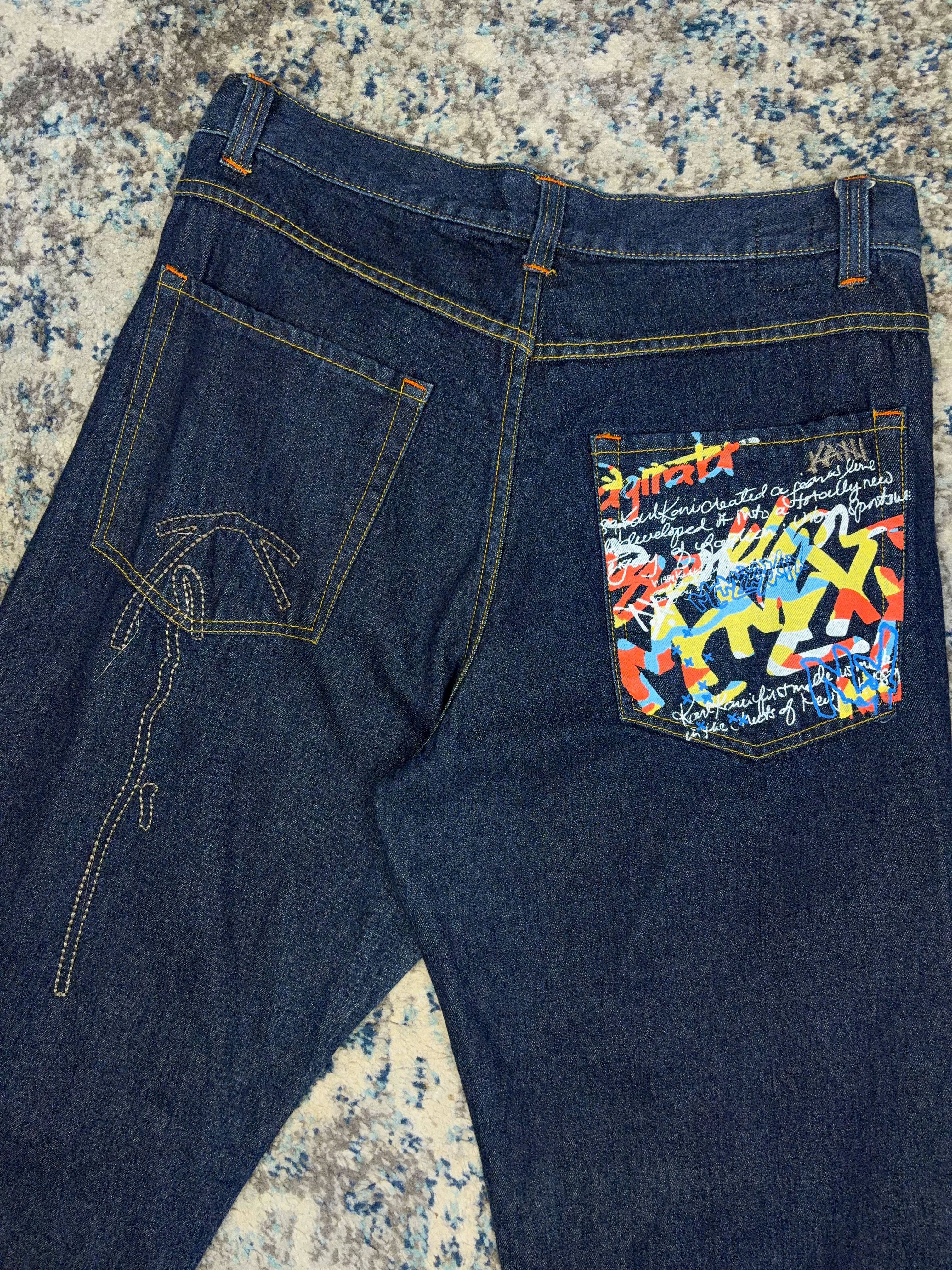Vintage Y2K Kani Gold Embroidered Logo Graffiti Pocket Pants Size 36