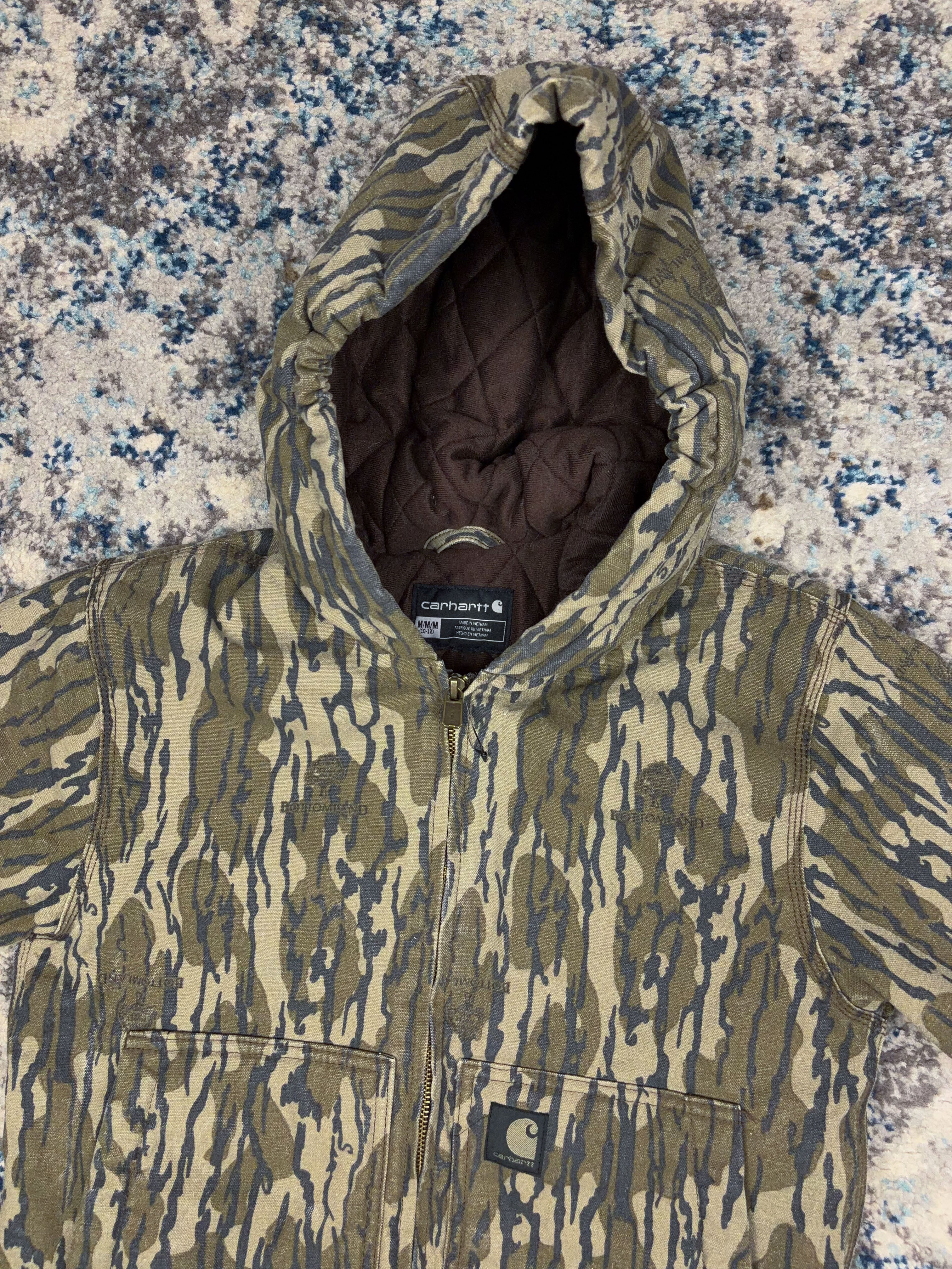 Vintage Carhartt Mossy Oak Bottomlands Hooded Bomber Jacket Size YOUTH M