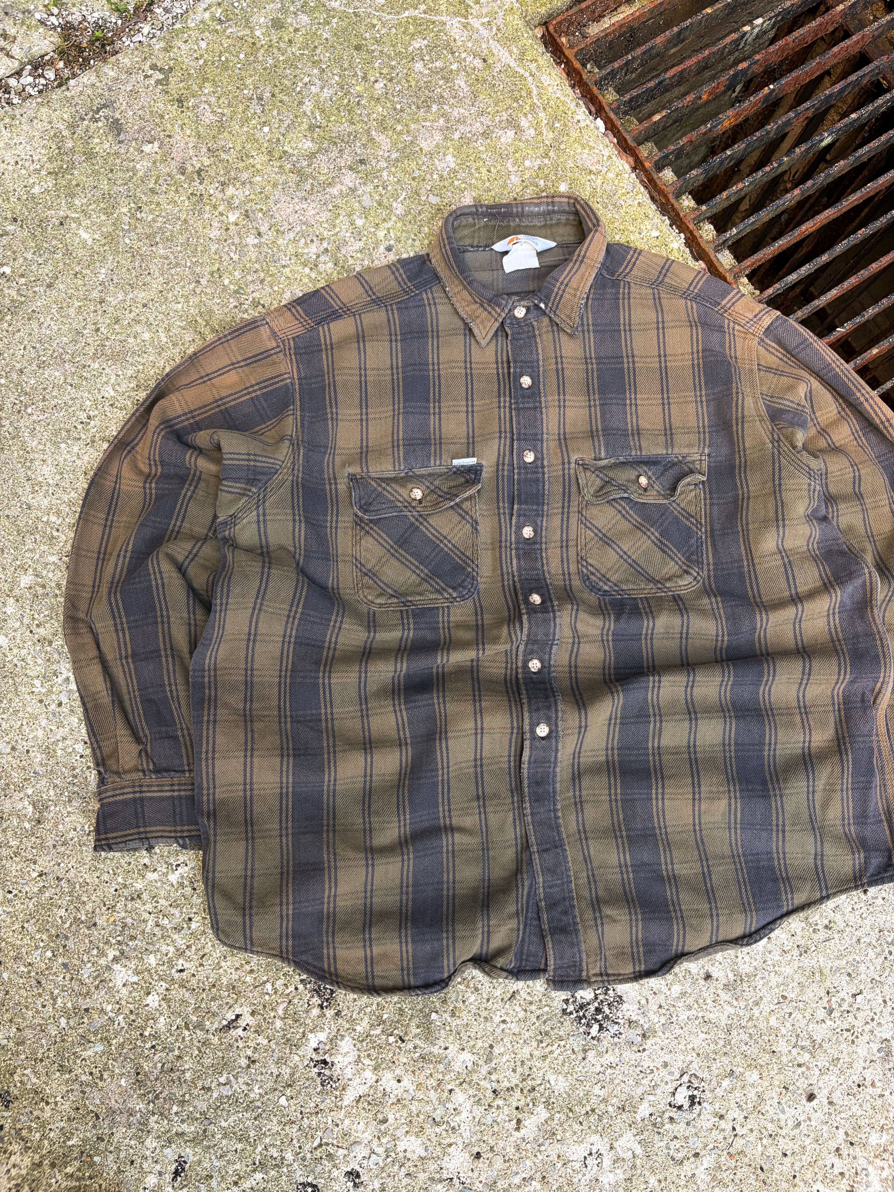 Vintage 90s Carhartt Plaid Long Sleeve Workwear Button Up Shirt Size 2XL