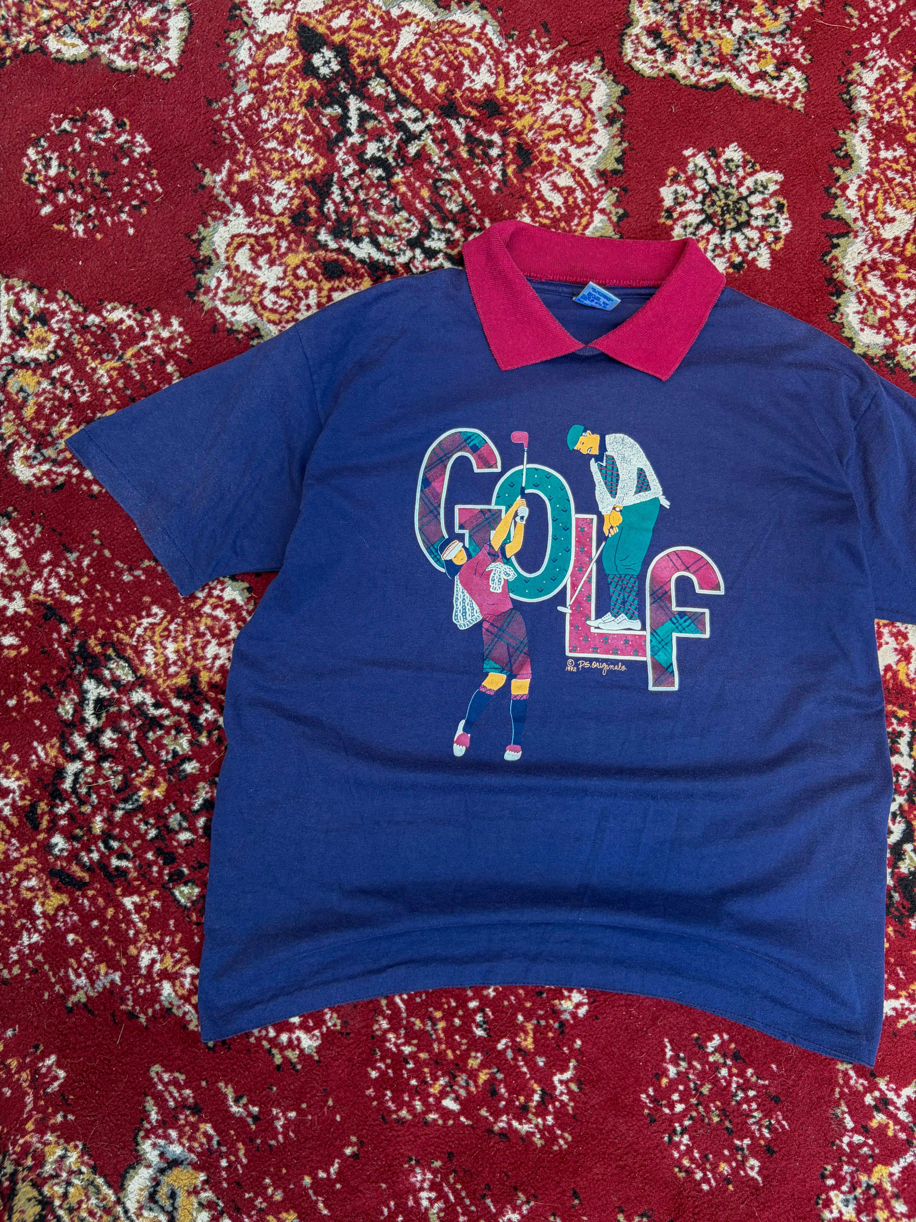 Vintage 1992 Golf Graphic Spellout Collared T-Shirt Size Large