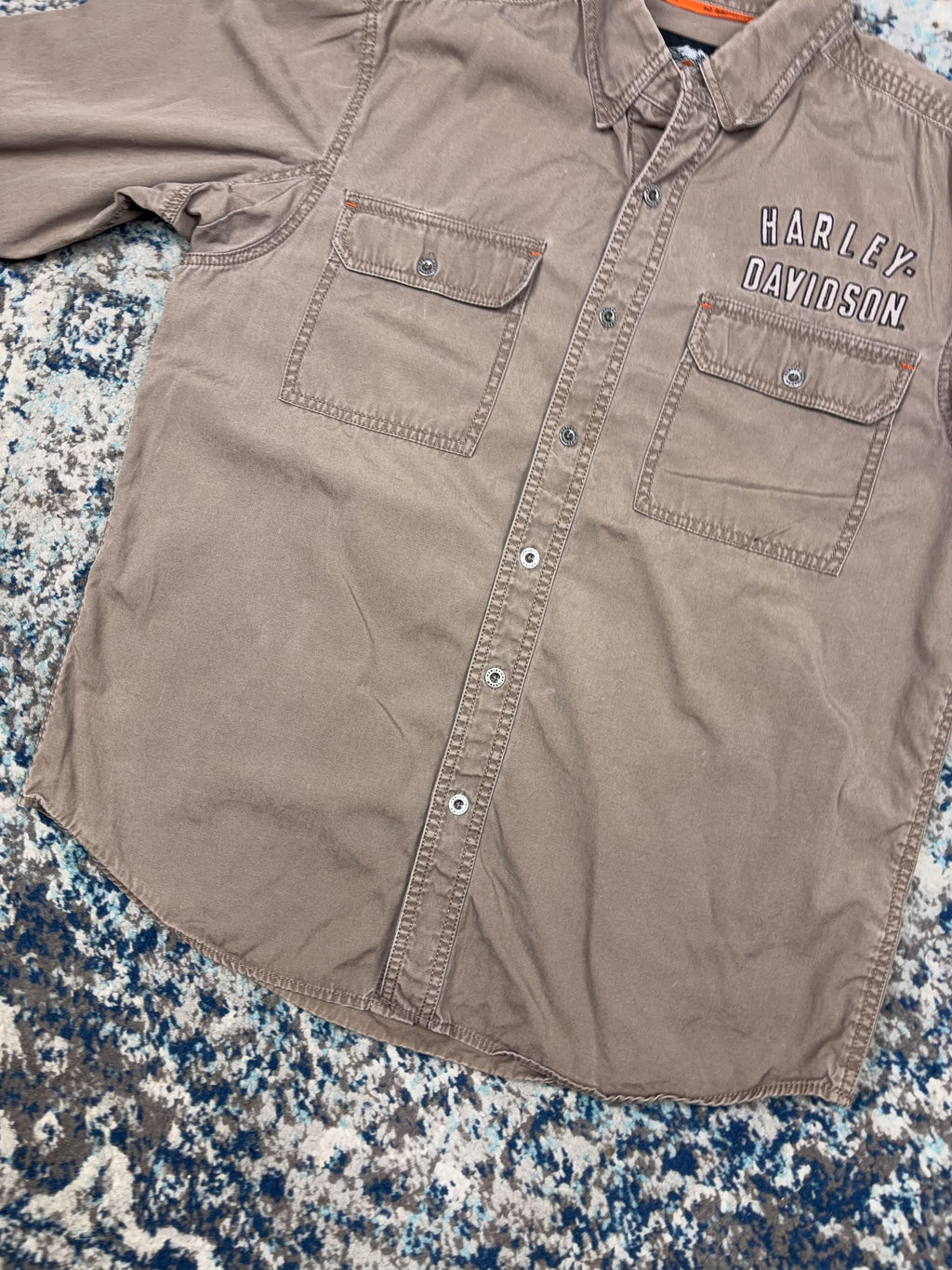 Vintage Harley Davidson Embroidered Spellout Button Up Shirt Size Large