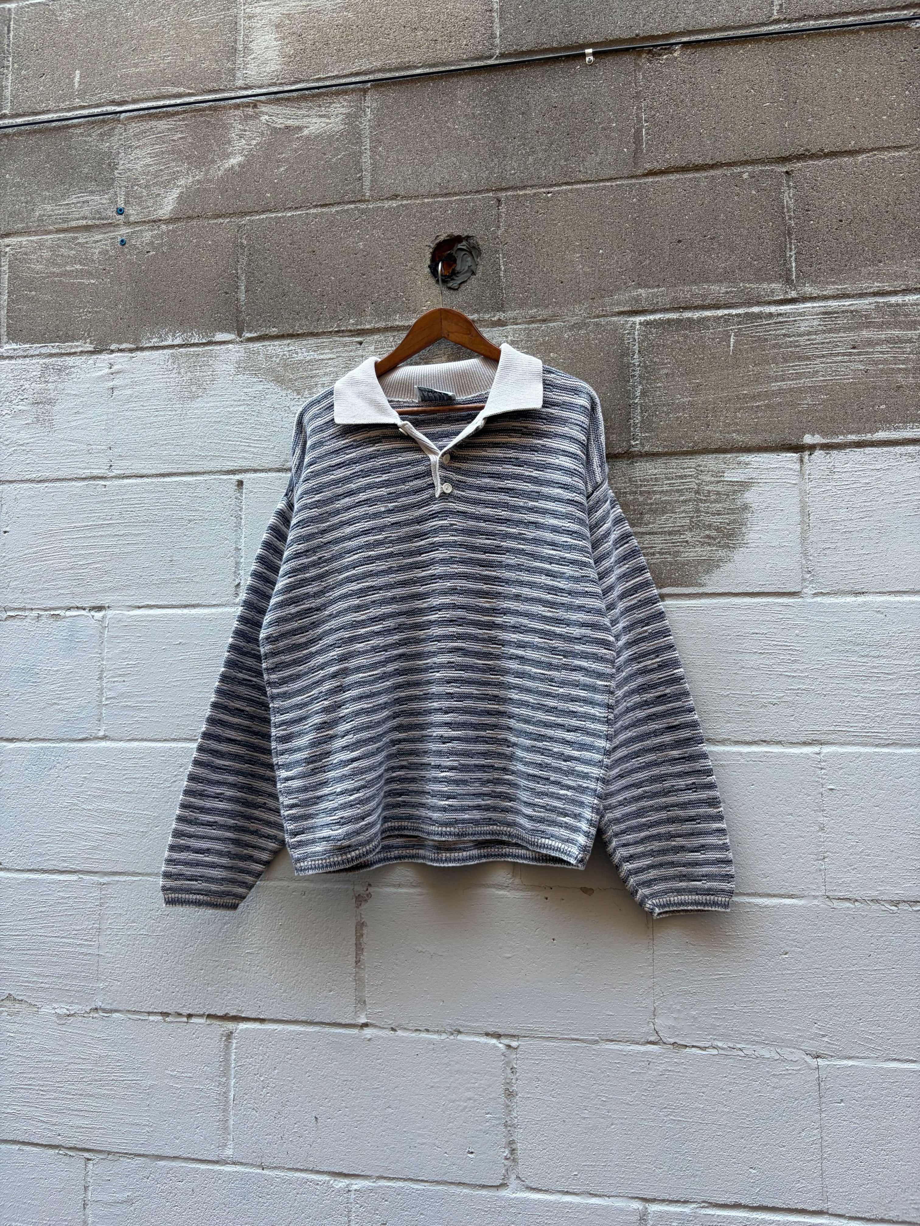 Vintage Barrell II Striped 1/4 Button Collared Knit Sweater Size XL