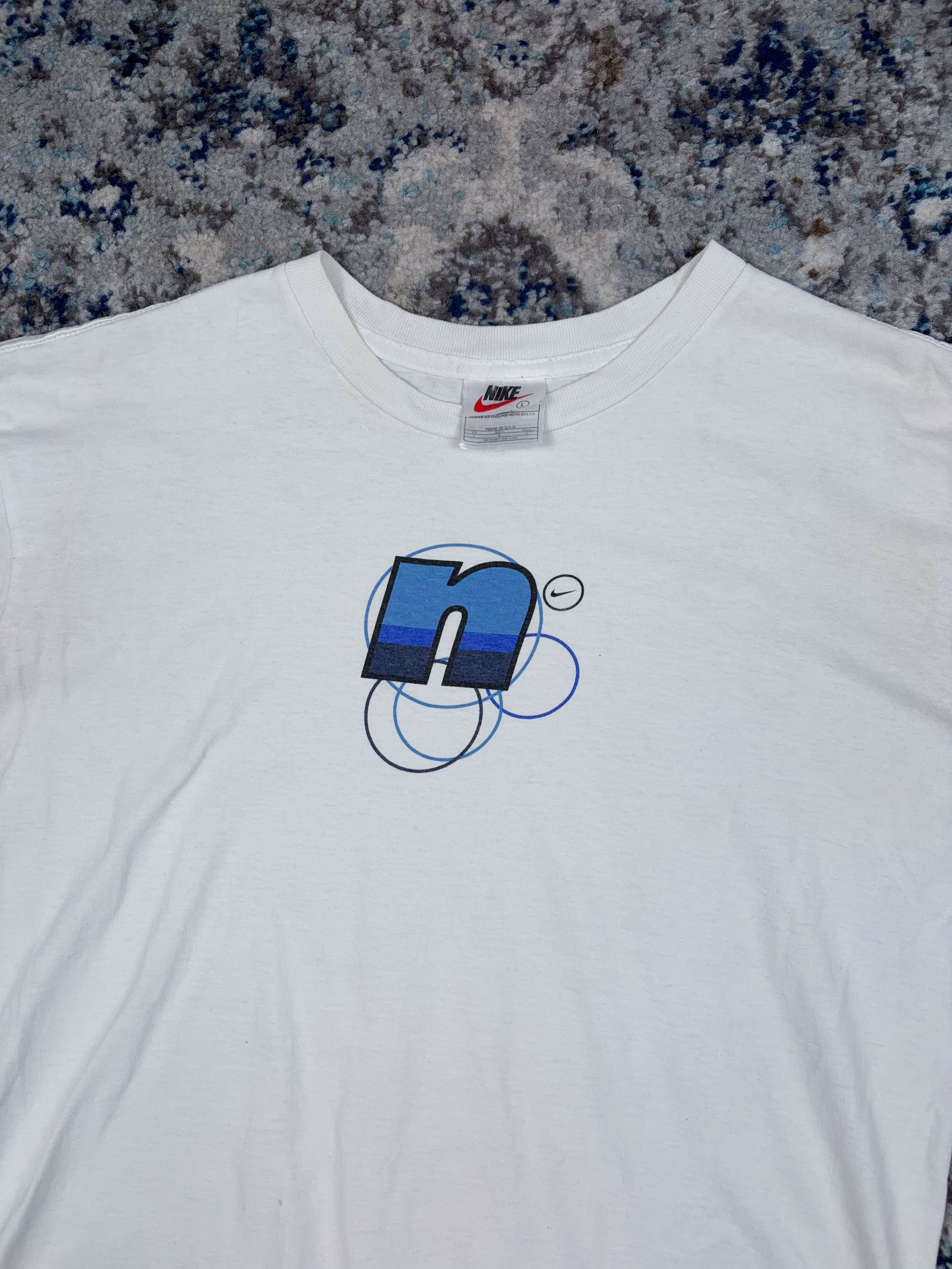 Vintage Y2K Nike N Bubble Logo Graphic T-Shirt Size YOUTH cLarge