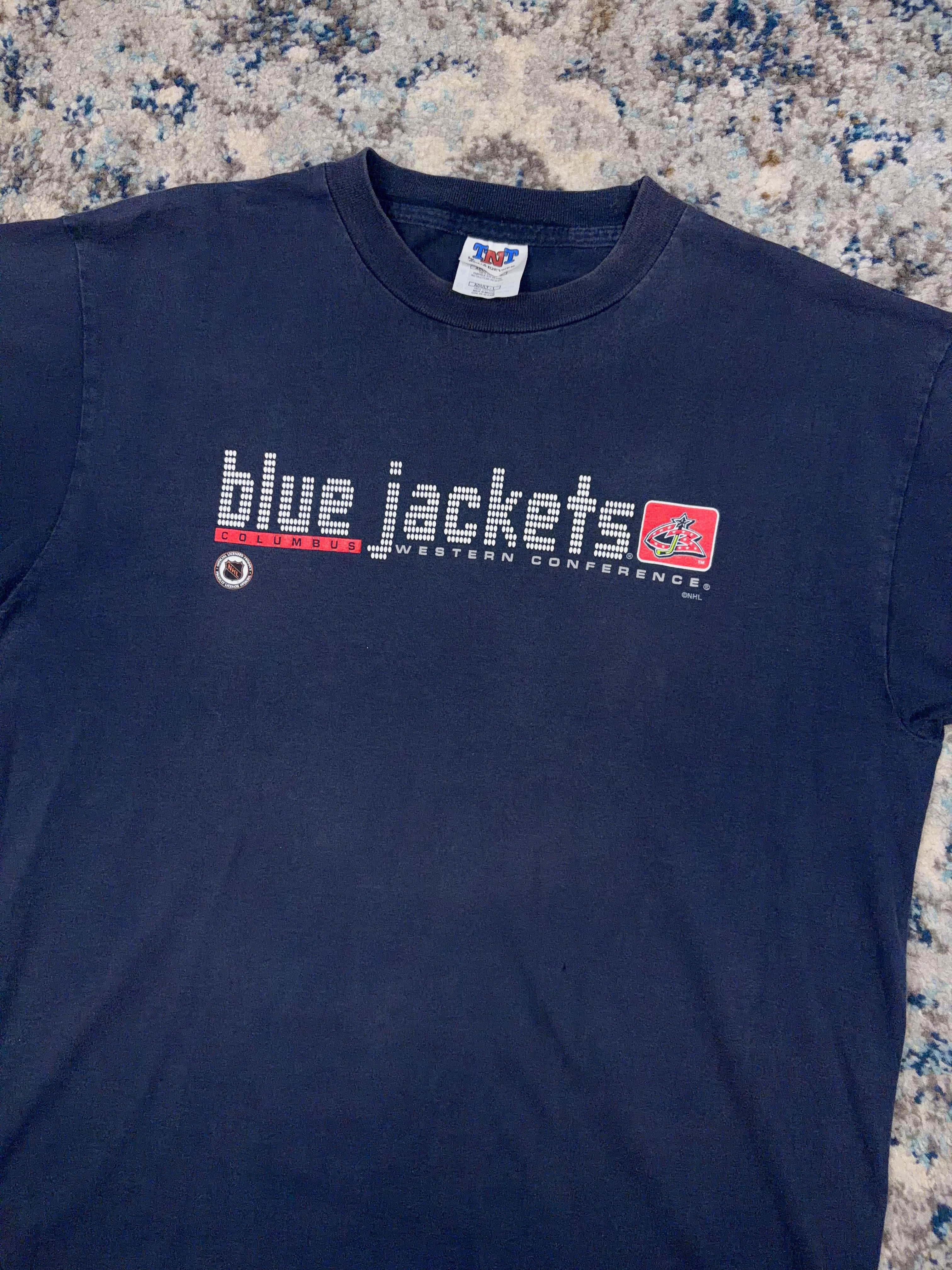 Vintage Columbus Blue Jackets NHL Spellout Logo Graphic T-Shirt Size Large