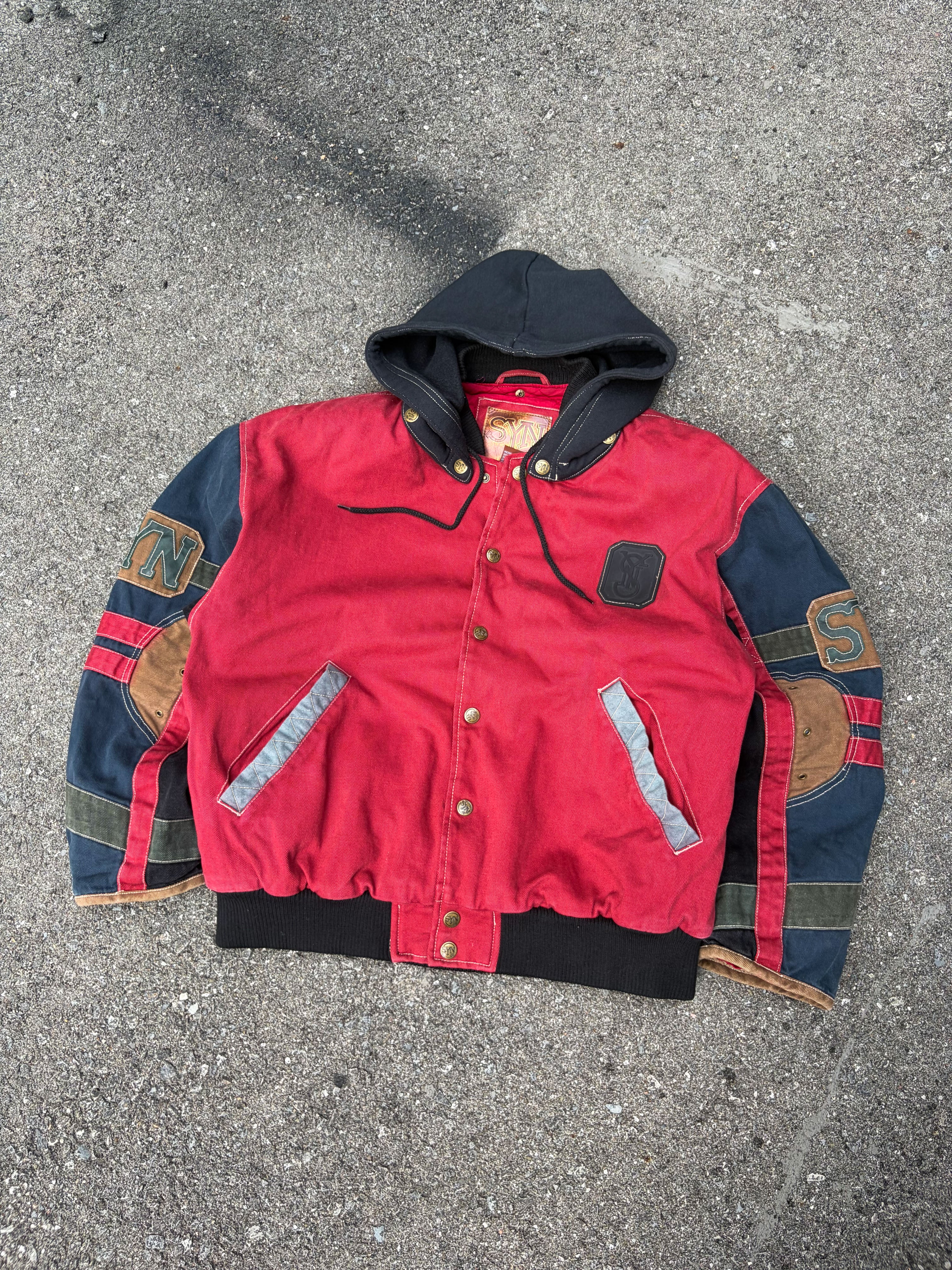 Vintage Y2K SYN Jeans Insulated Patchwork Hooded Bomber Jacket Size Large