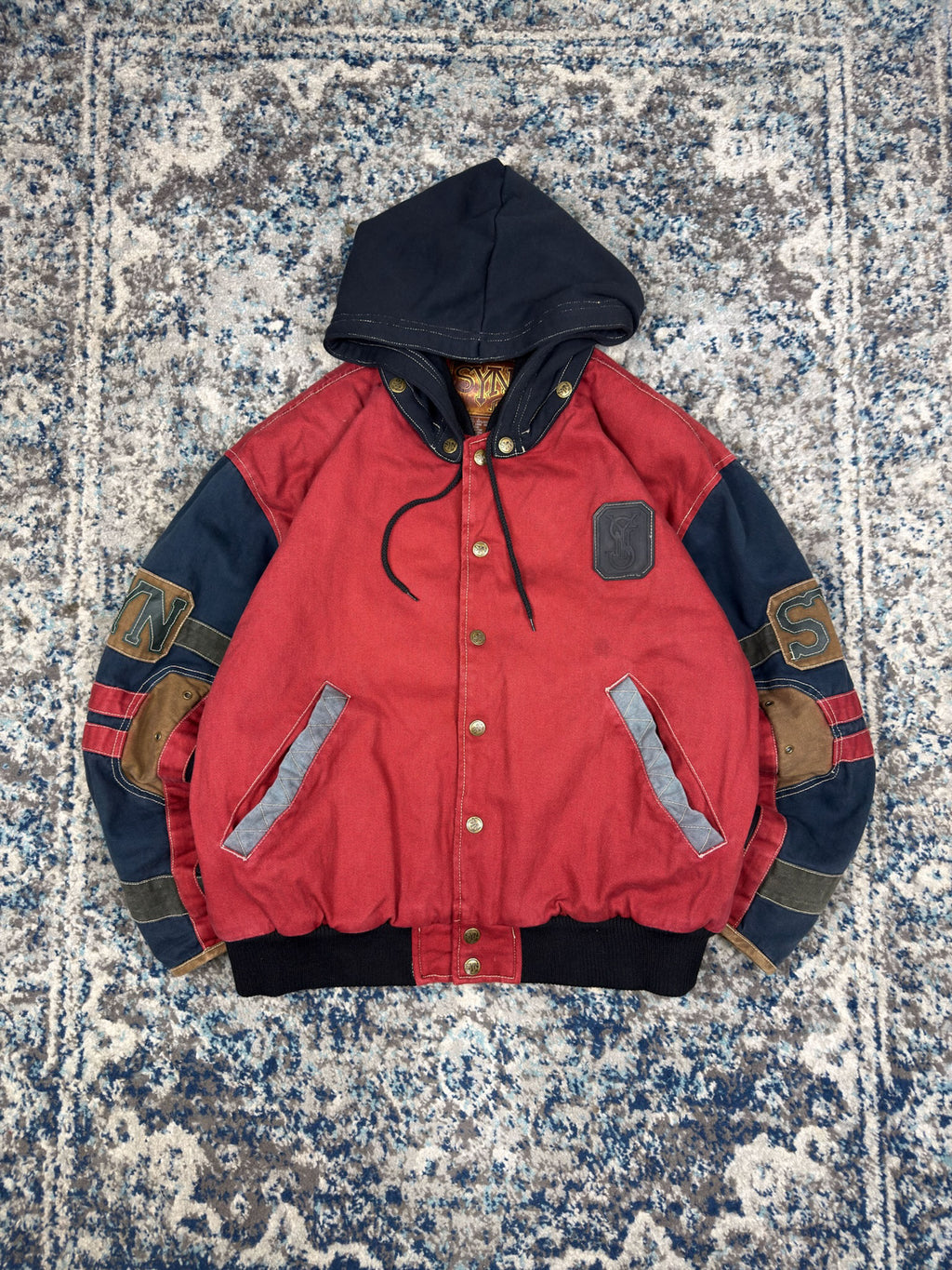 Vintage Y2K SYN Jeans Insulated Patchwork Hooded Bomber Jacket Size Large
