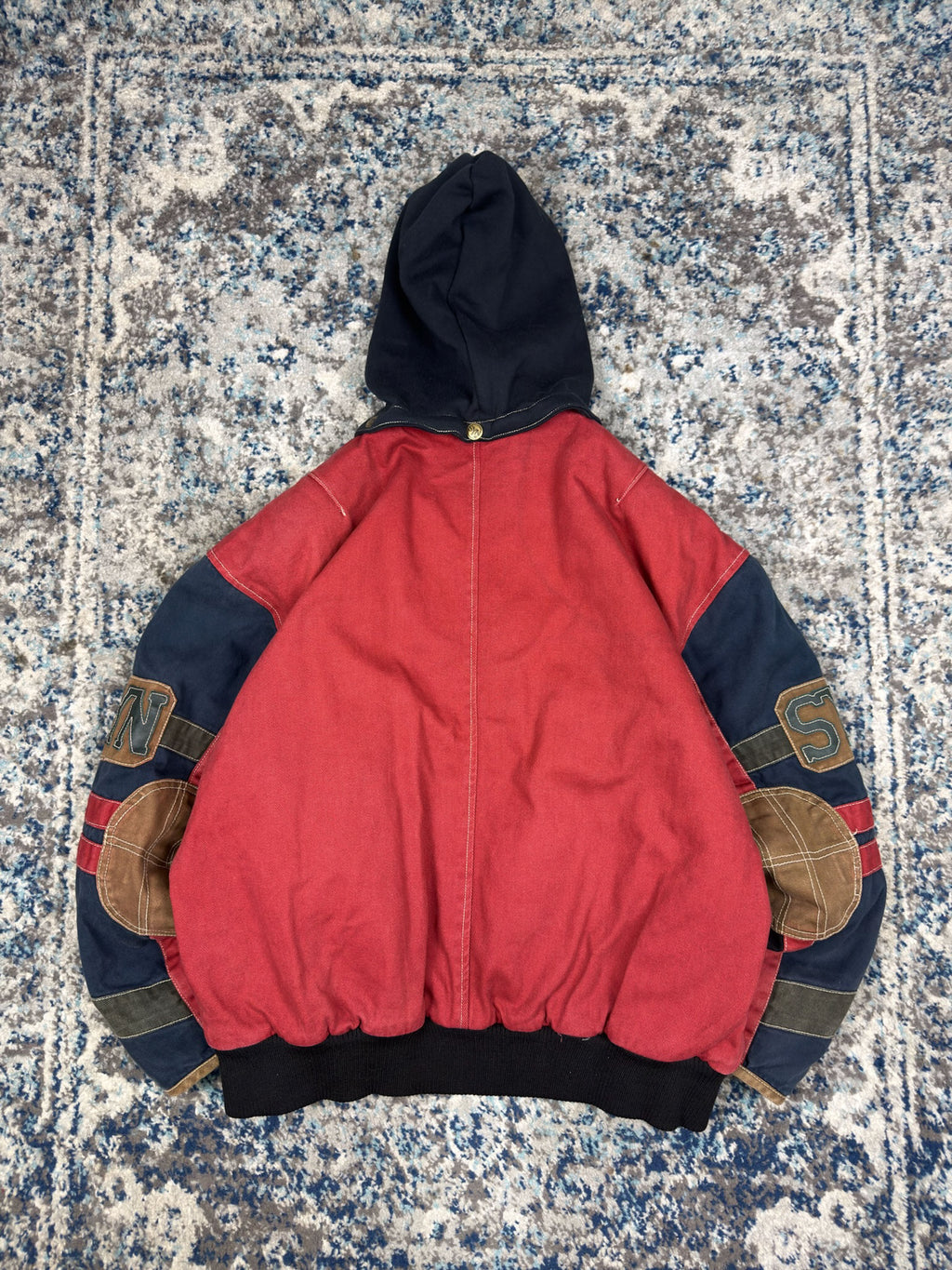 Vintage Y2K SYN Jeans Insulated Patchwork Hooded Bomber Jacket Size Large