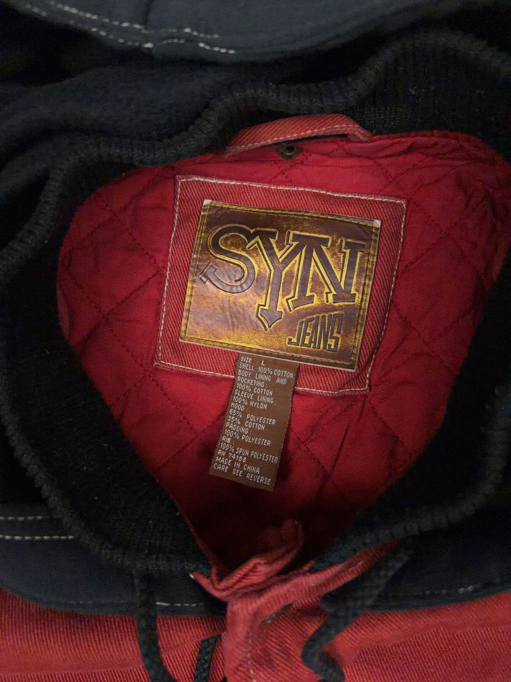 Vintage Y2K SYN Jeans Insulated Patchwork Hooded Bomber Jacket Size Large