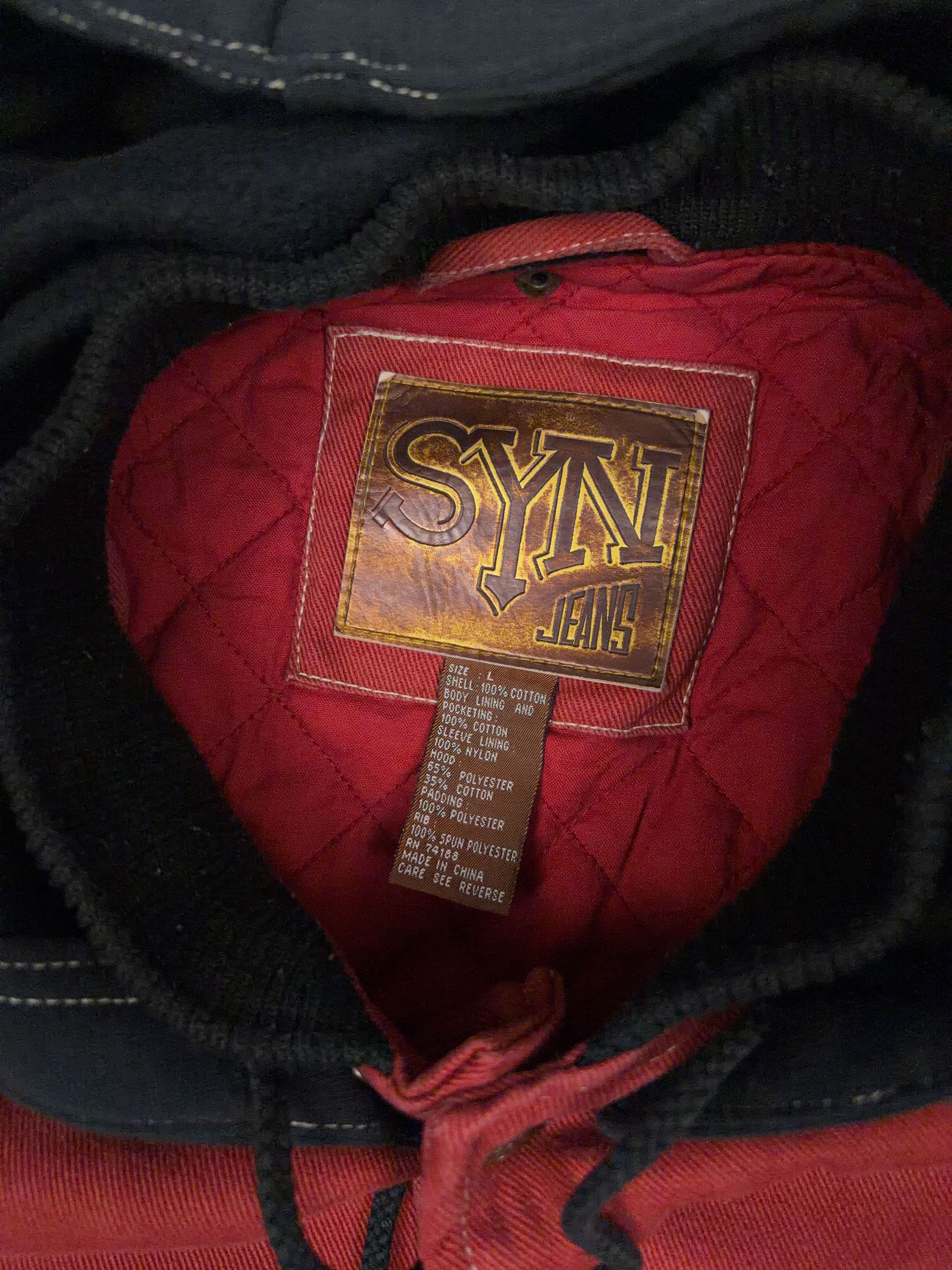 Vintage Y2K SYN Jeans Insulated Patchwork Hooded Bomber Jacket Size Large
