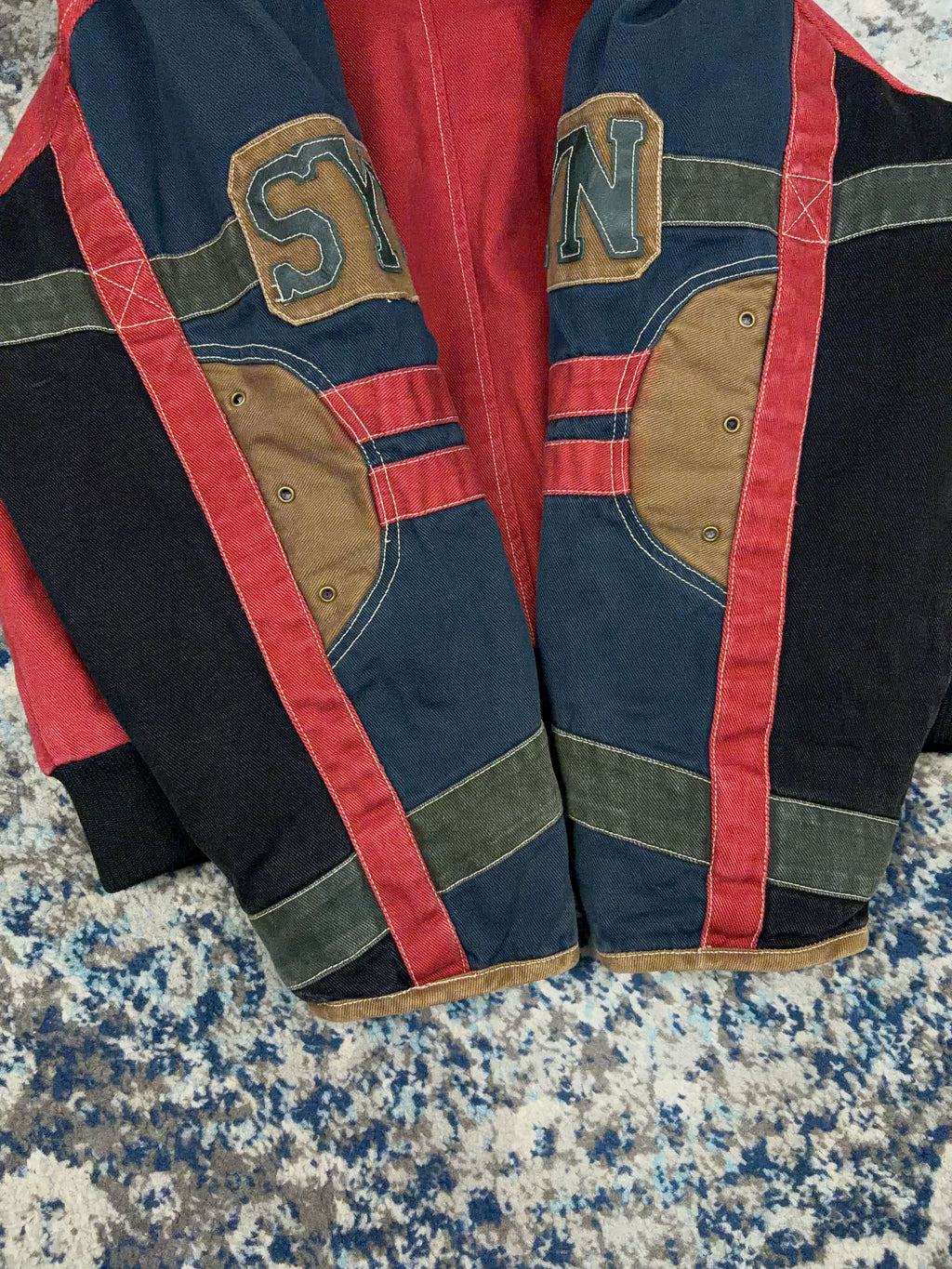 Vintage Y2K SYN Jeans Insulated Patchwork Hooded Bomber Jacket Size Large