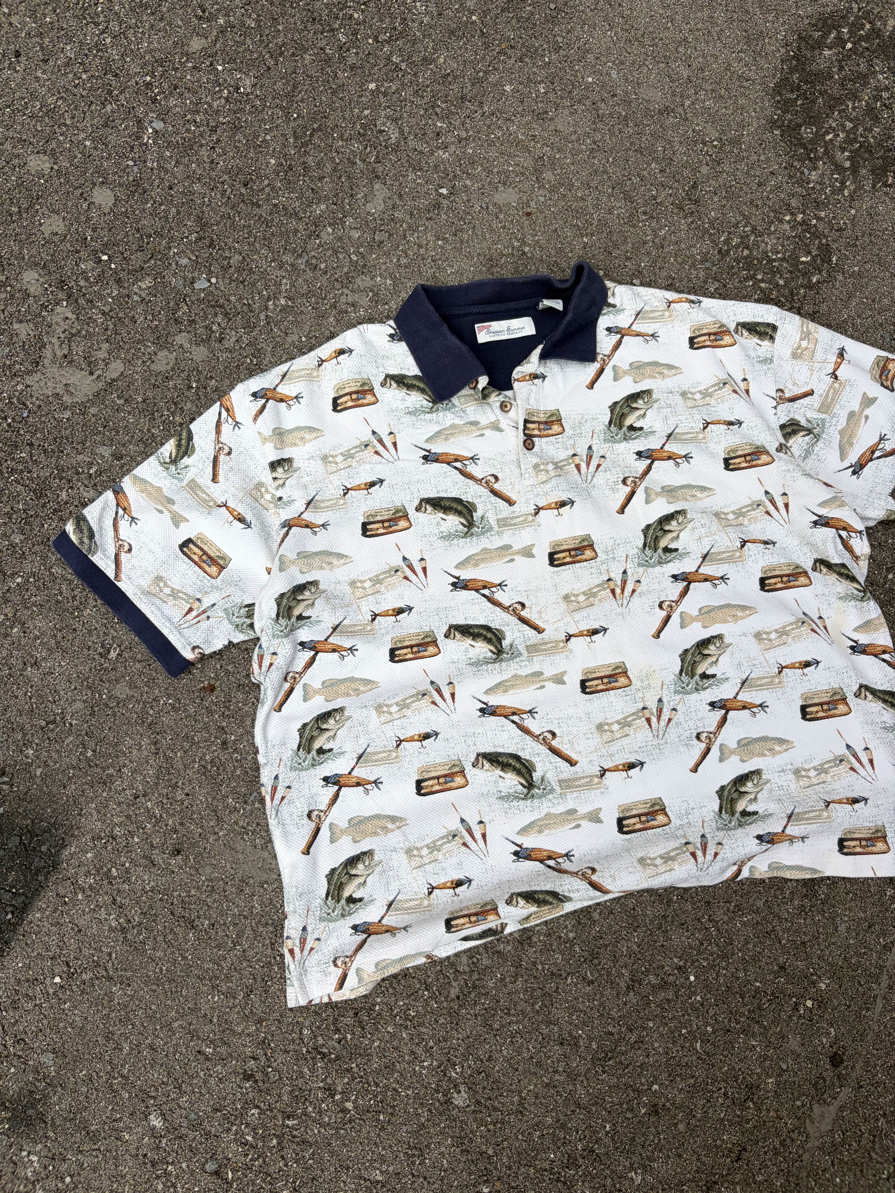 Vintage American Summer Fishing Graphic 1/4 Button Up Shirt Size XL