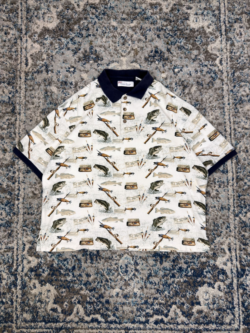Vintage American Summer Fishing Graphic 1/4 Button Up Shirt Size XL