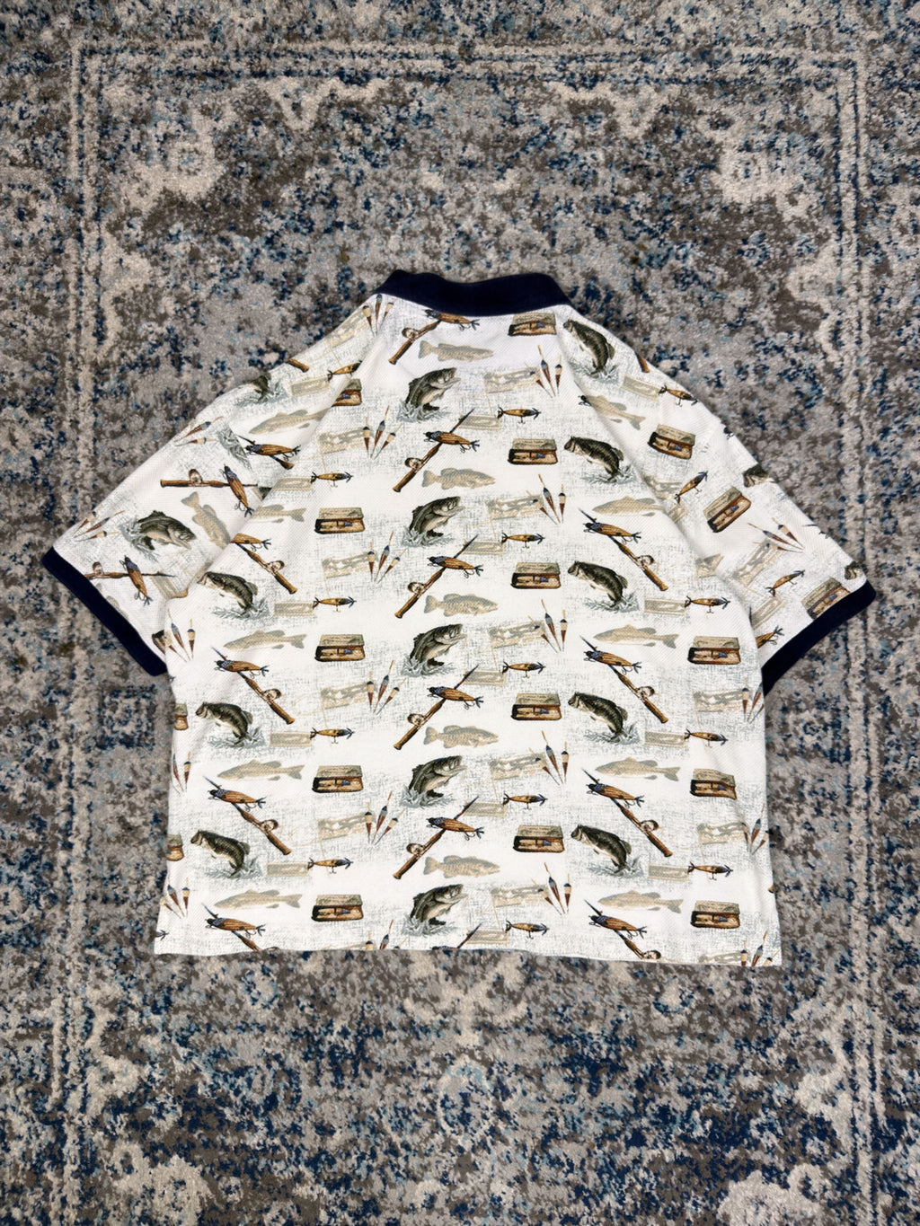 Vintage American Summer Fishing Graphic 1/4 Button Up Shirt Size XL
