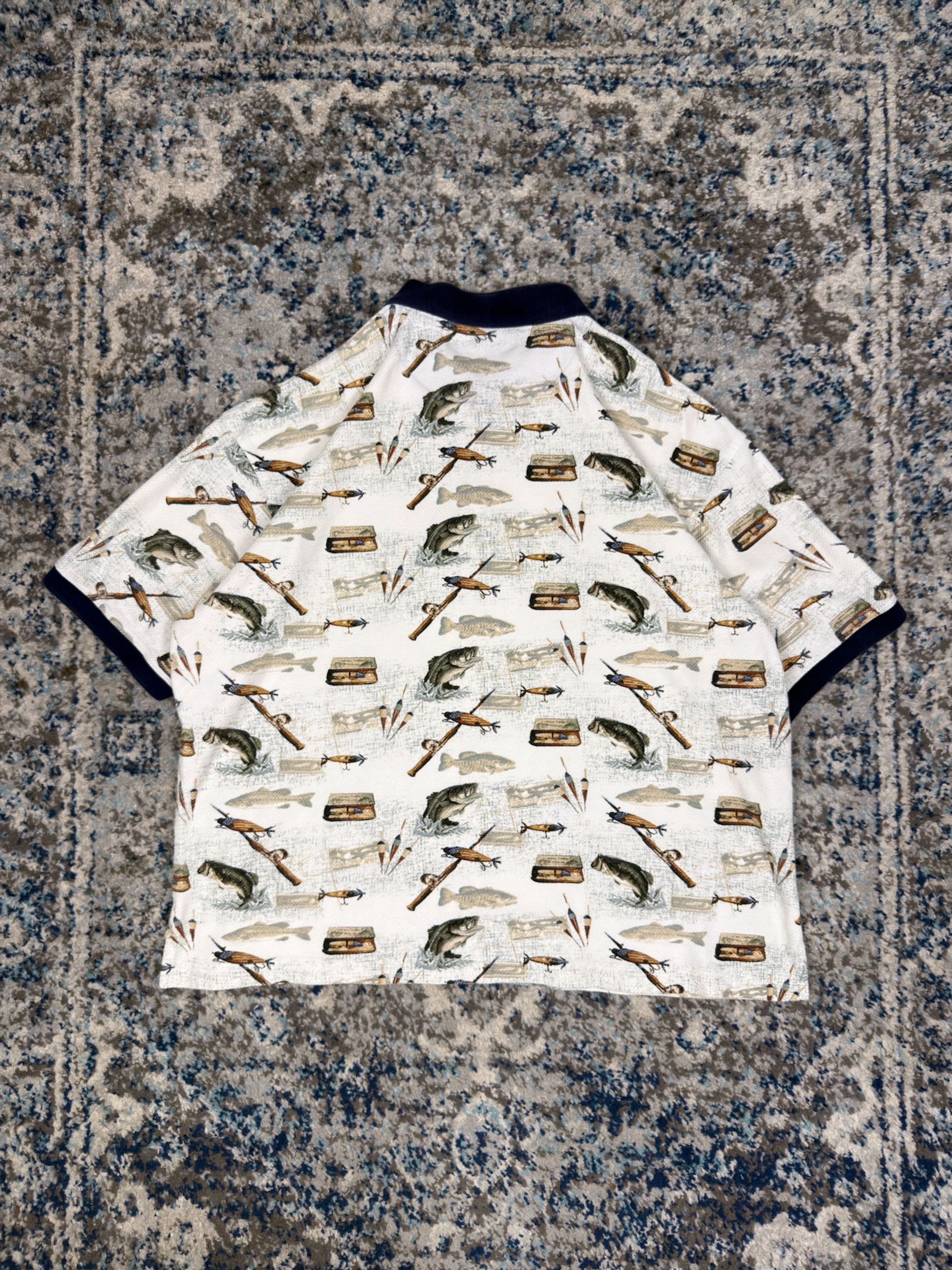 Vintage American Summer Fishing Graphic 1/4 Button Up Shirt Size XL
