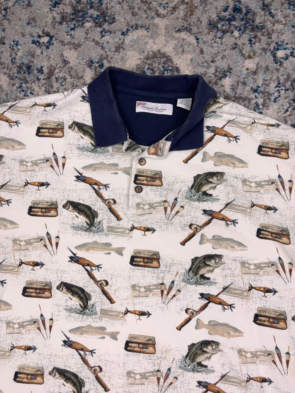 Vintage American Summer Fishing Graphic 1/4 Button Up Shirt Size XL