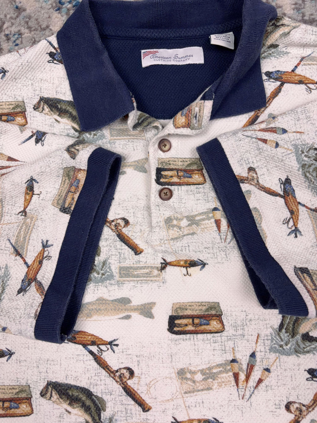Vintage American Summer Fishing Graphic 1/4 Button Up Shirt Size XL