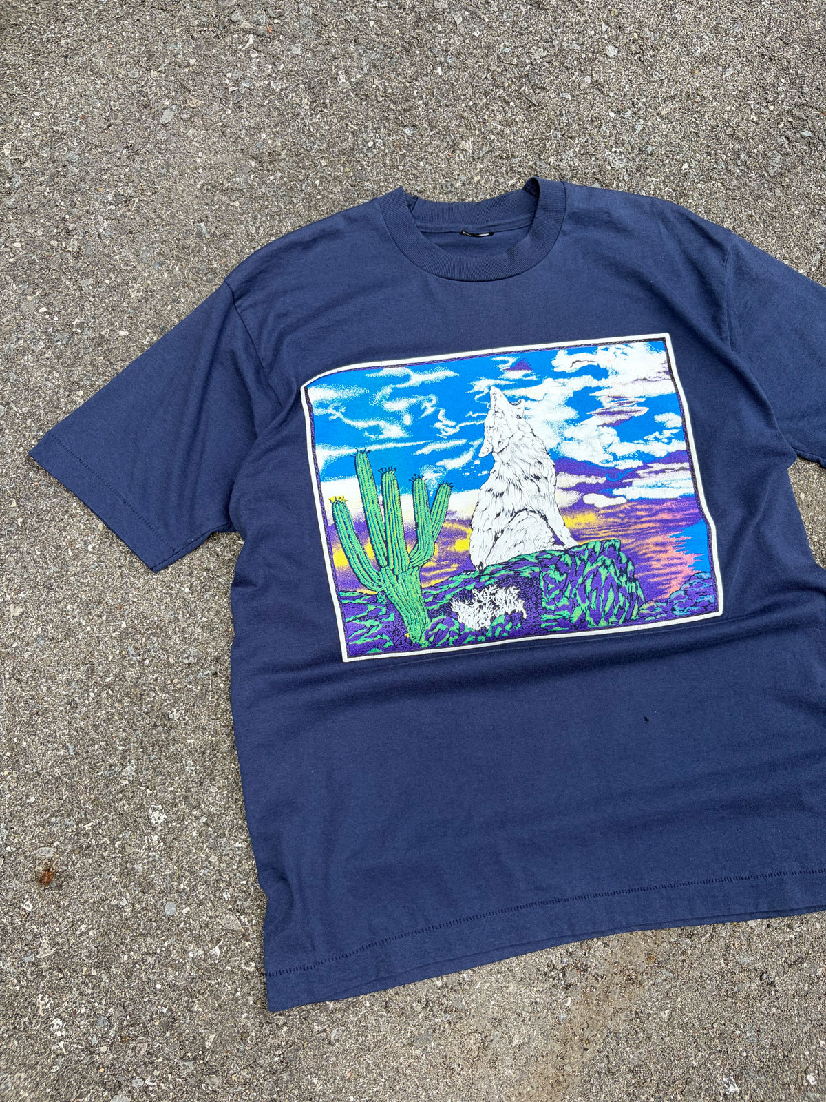 Vintage 90s Desert Wolf Landscape Nature Graphic T-Shirt Size Large