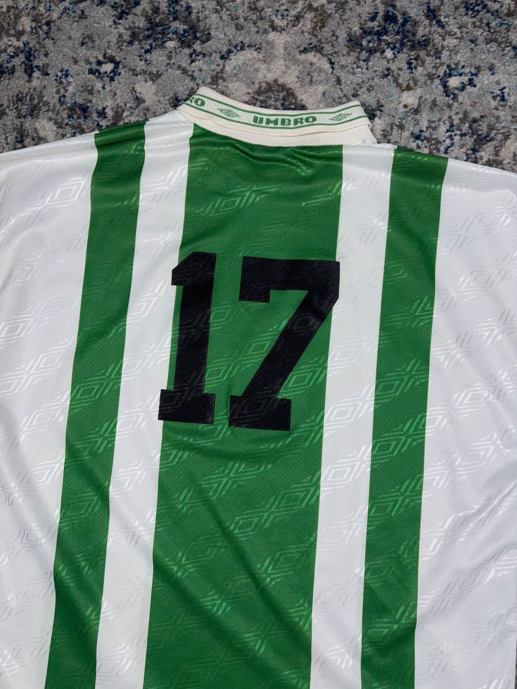 Vintage Umbro #17 Logo Graphic Striped Collared Soccer Jersey Size Large