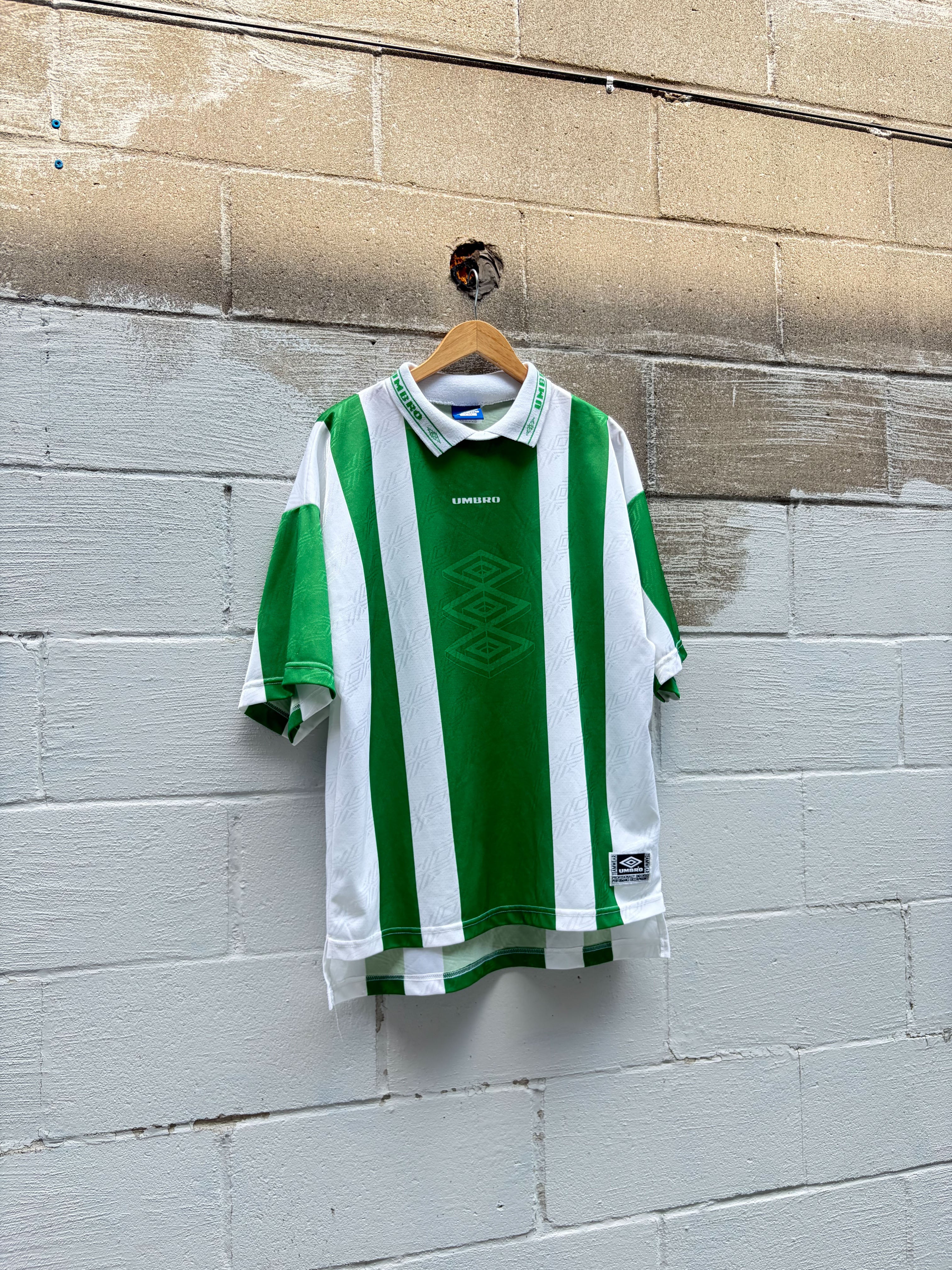 Vintage Umbro #8 Logo Graphic Striped Collared Soccer Jersey Size Large