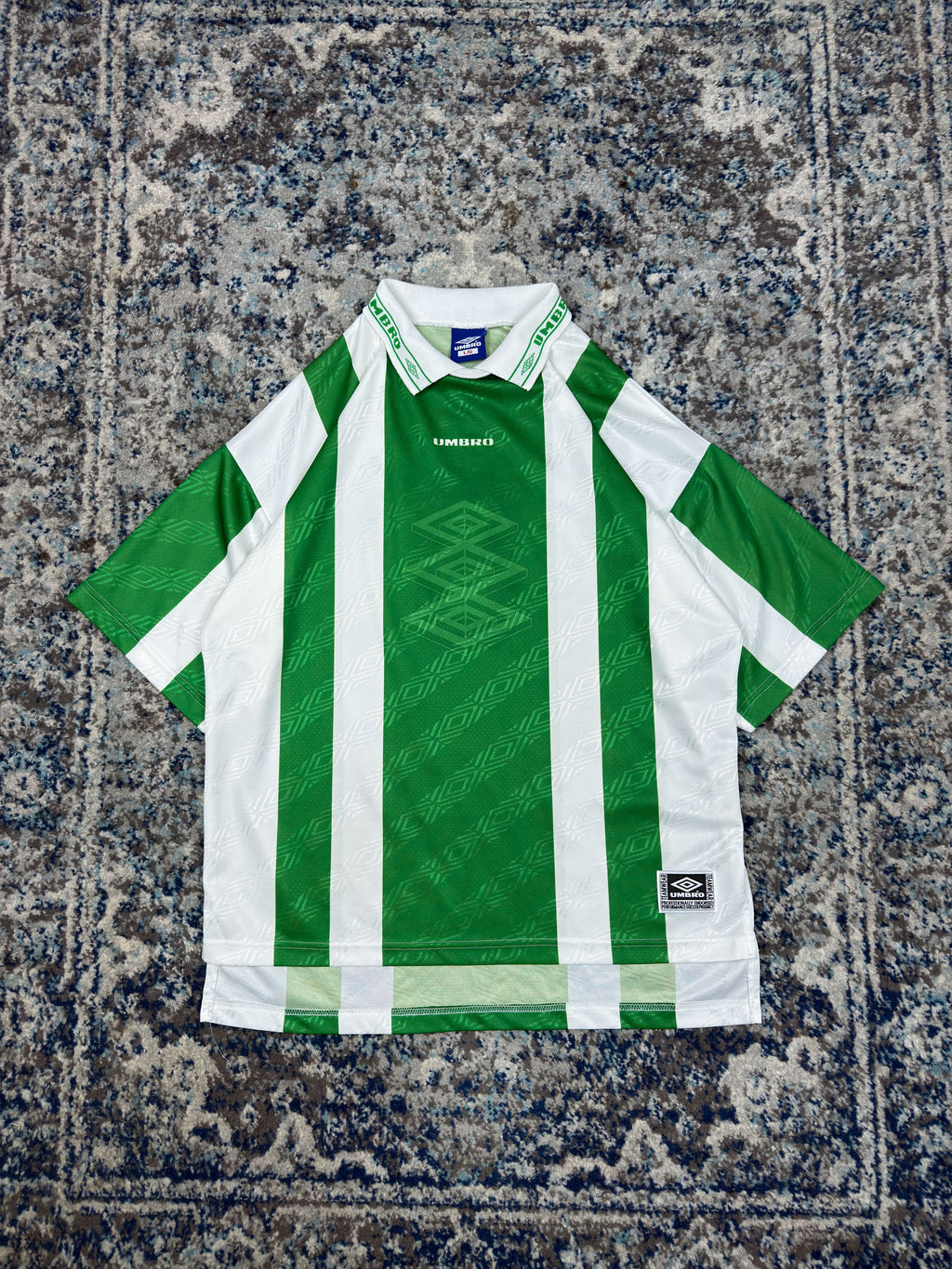 Vintage Umbro #8 Logo Graphic Striped Collared Soccer Jersey Size Large