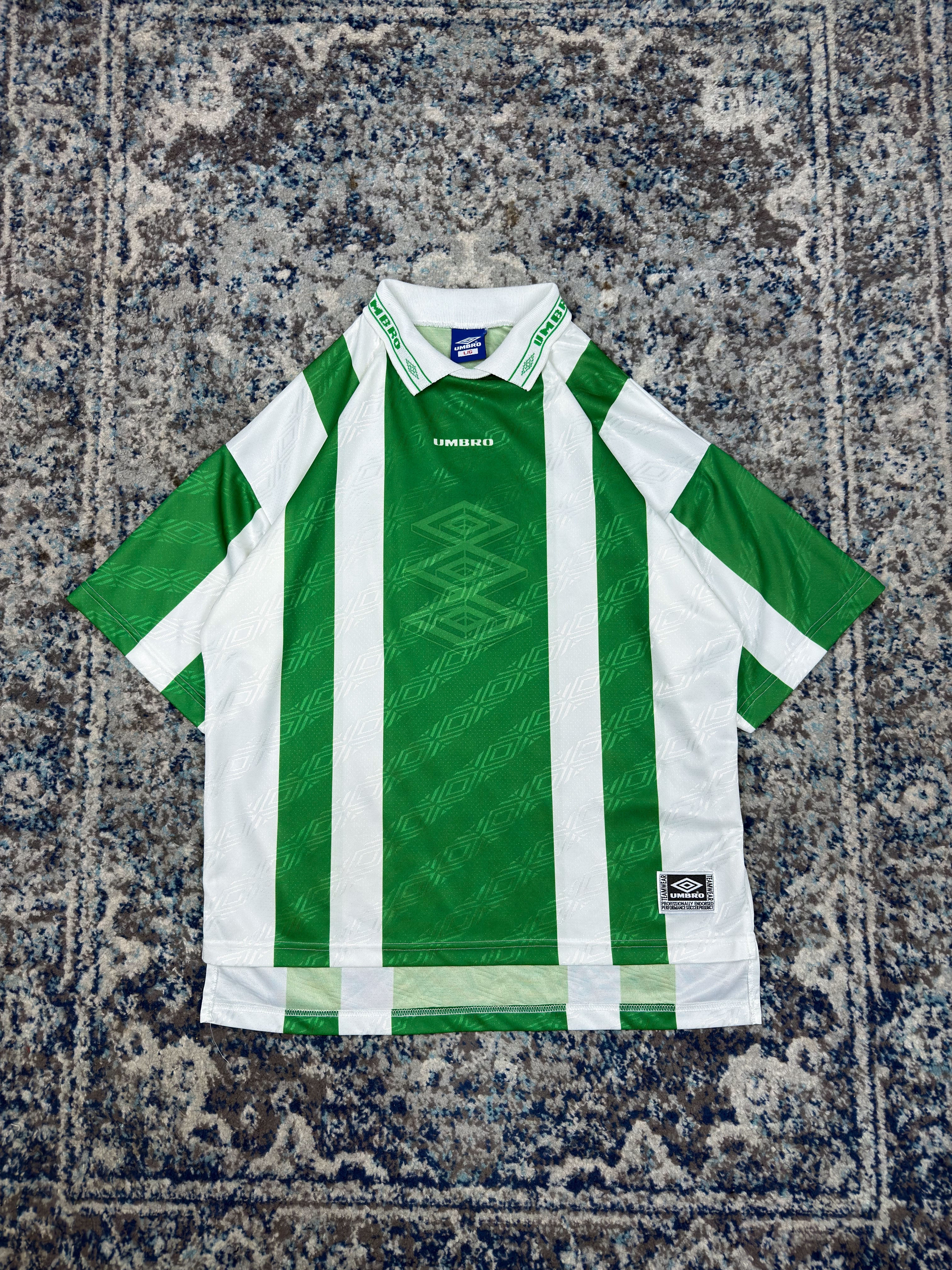 Vintage Umbro #8 Logo Graphic Striped Collared Soccer Jersey Size Large