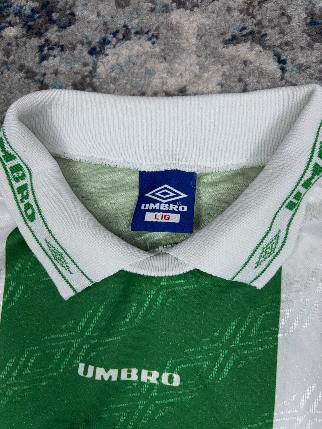 Vintage Umbro #8 Logo Graphic Striped Collared Soccer Jersey Size Large