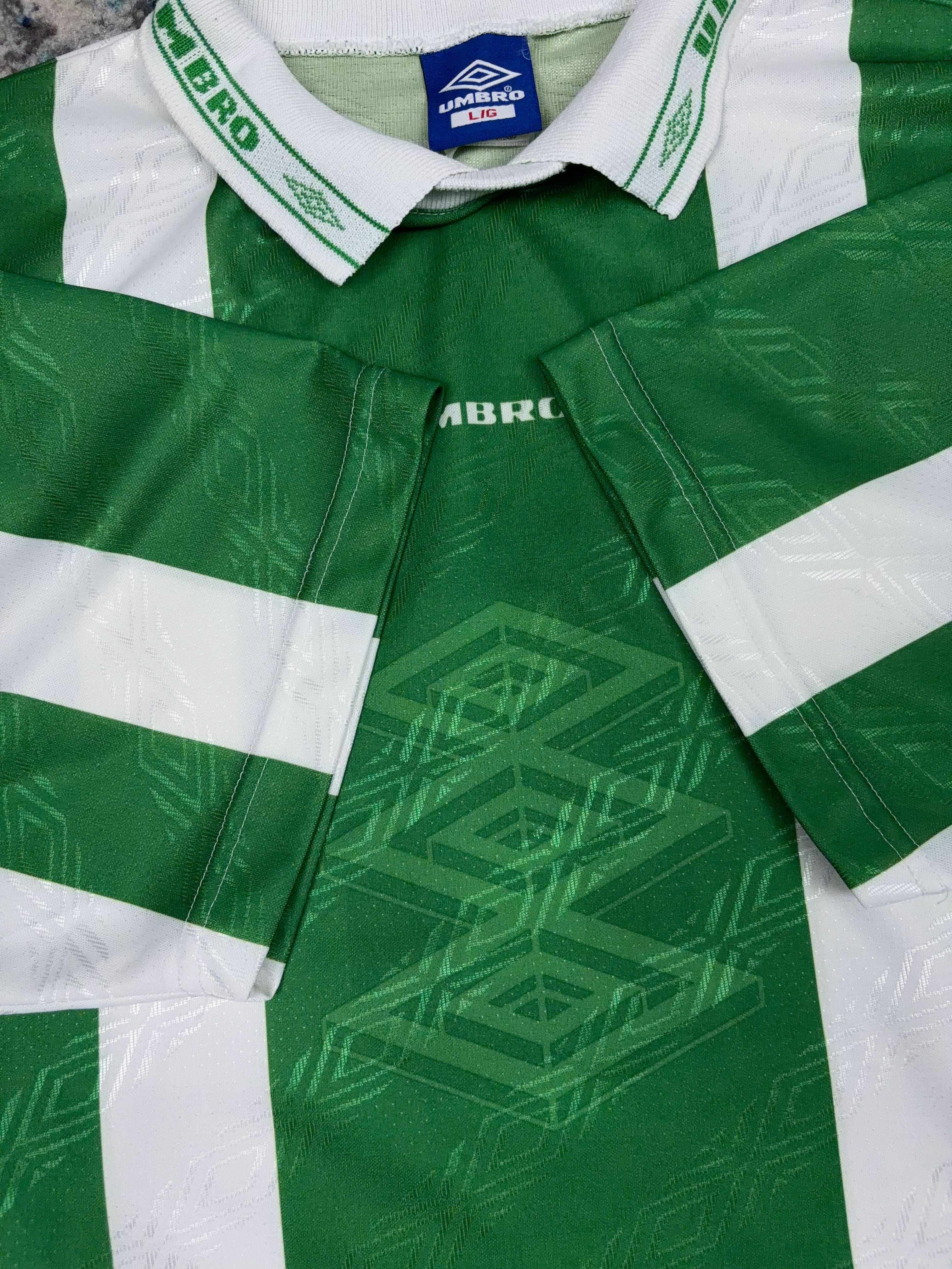 Vintage Umbro #8 Logo Graphic Striped Collared Soccer Jersey Size Large