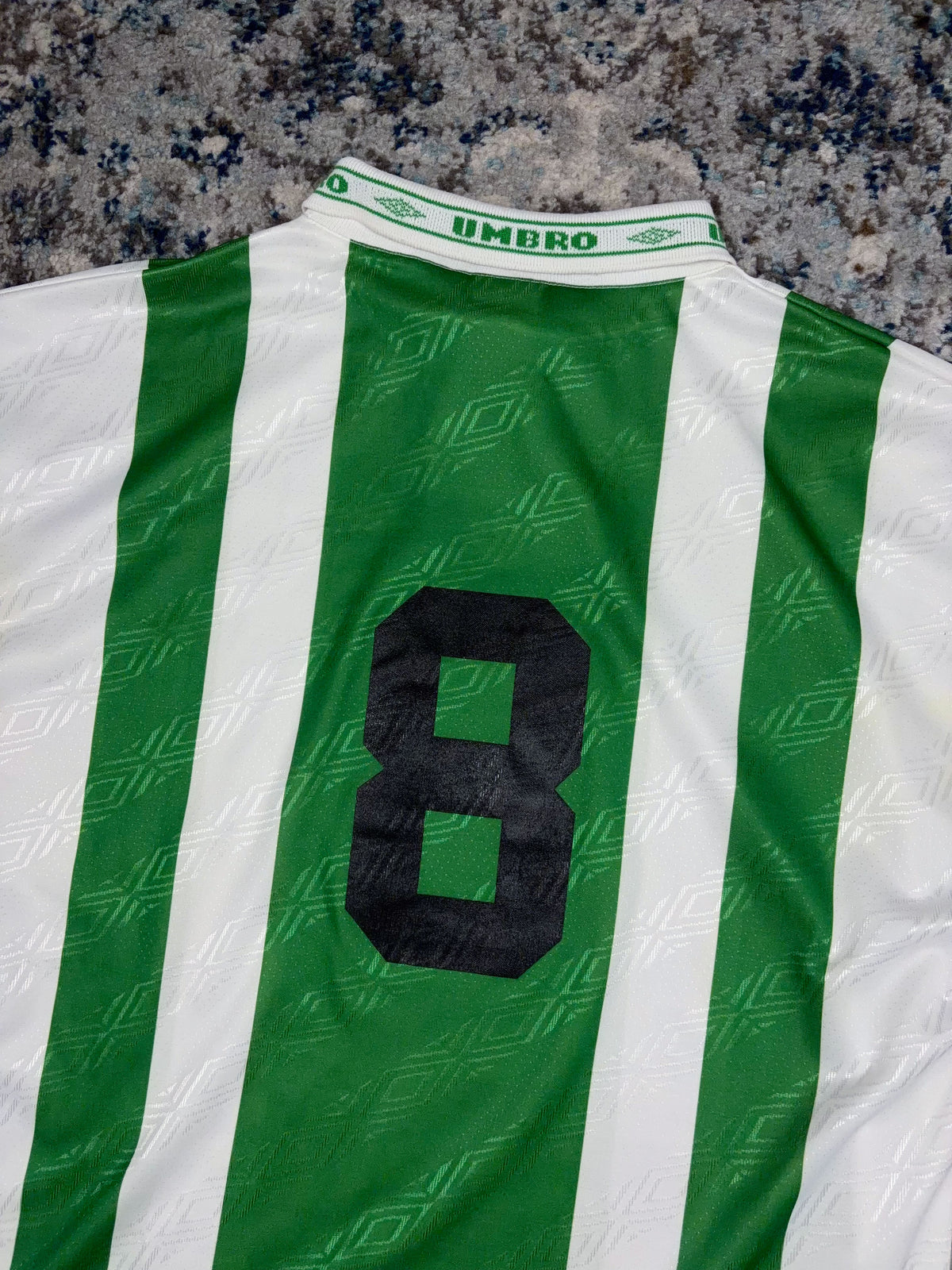 Vintage Umbro #8 Logo Graphic Striped Collared Soccer Jersey Size Large