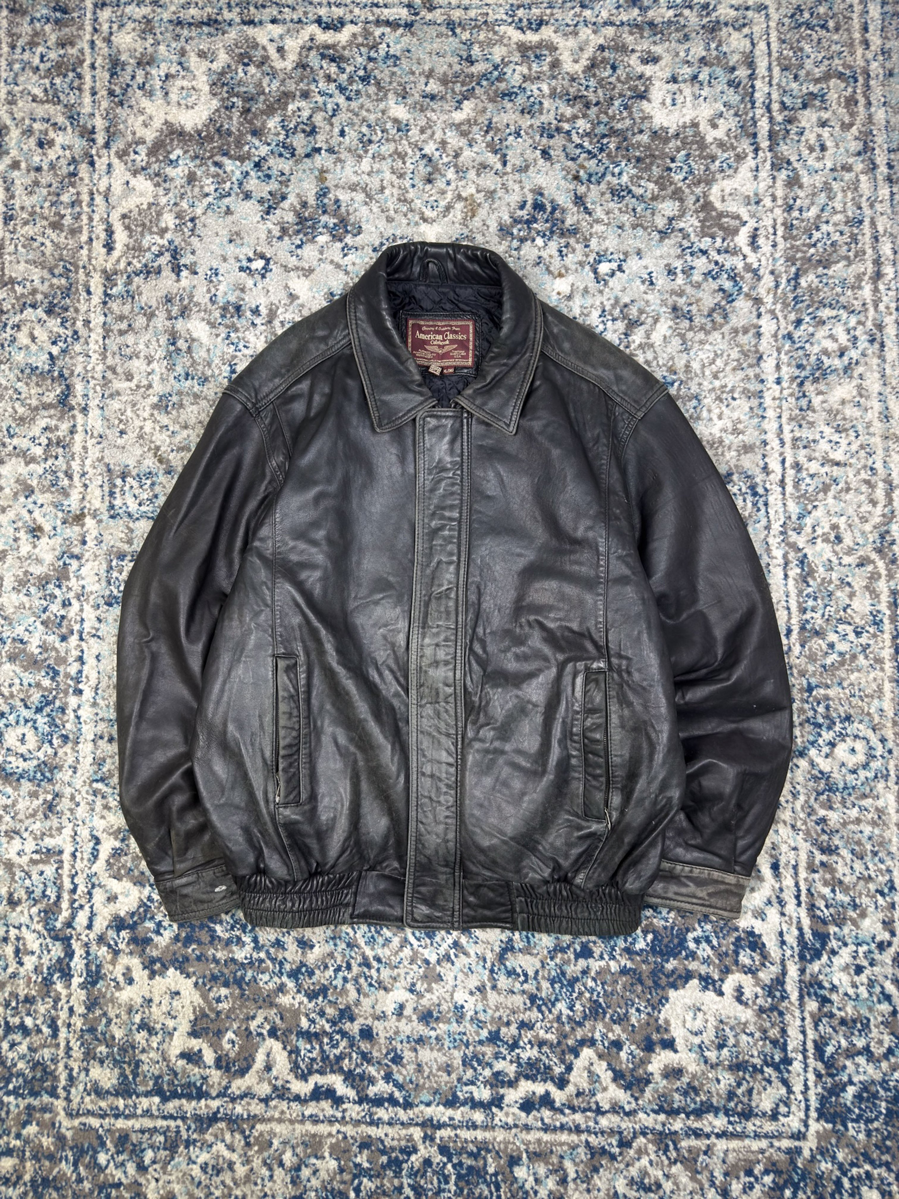 Vintage American Classics Quilted Lined Black Leather Bomber Jacket Size XL