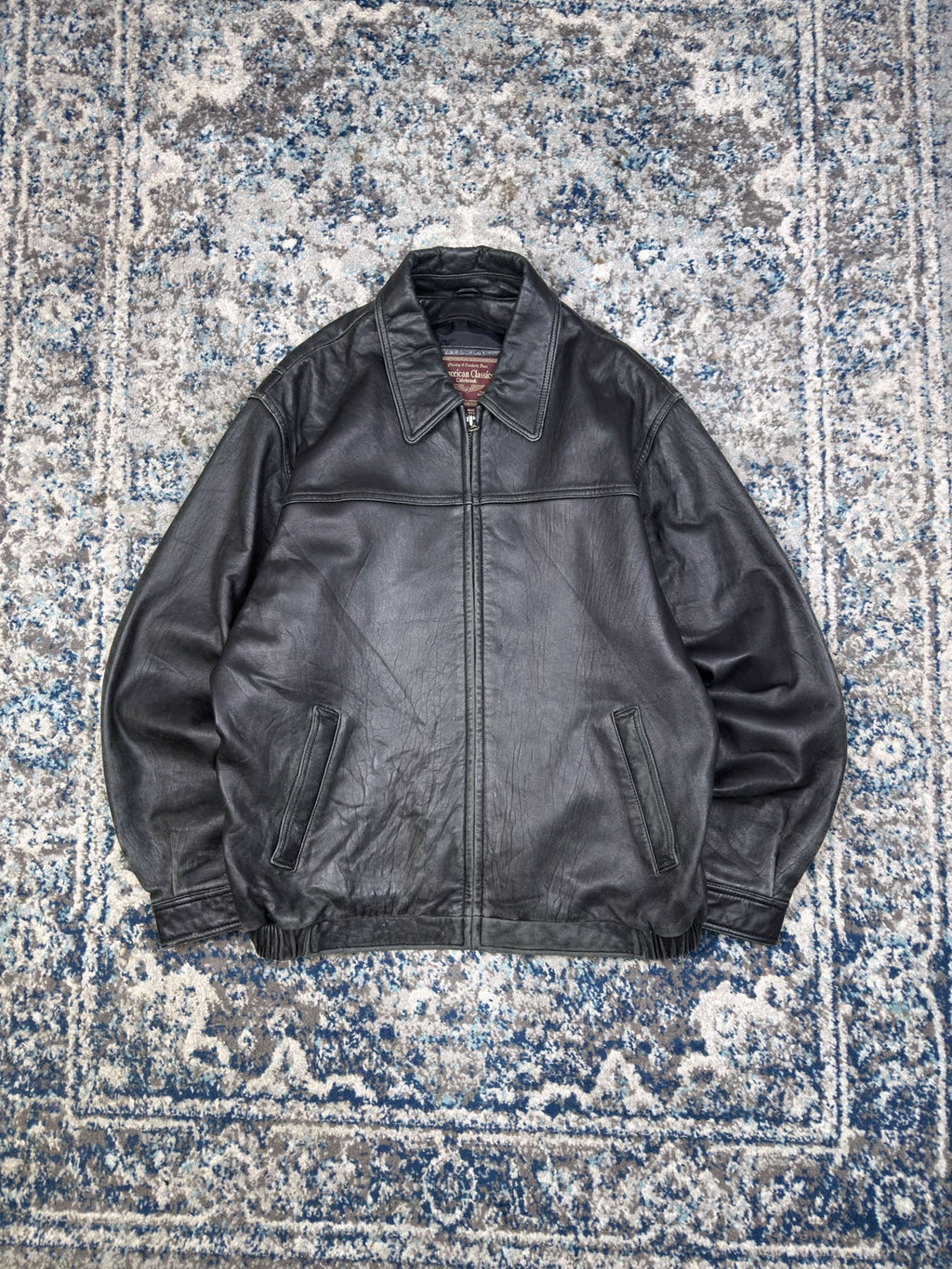 Vintage American Classic Full Zip Leather Bomber Jacket Size Large