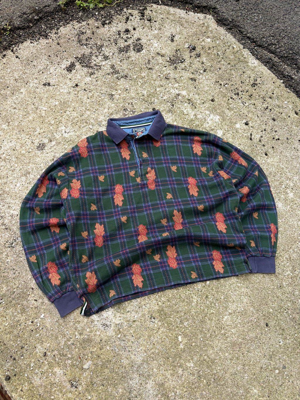 Vintage Chaps Ralph Lauren Plaid Autumn Leaves Pattern 1/4 Button Up Shirt Size Large