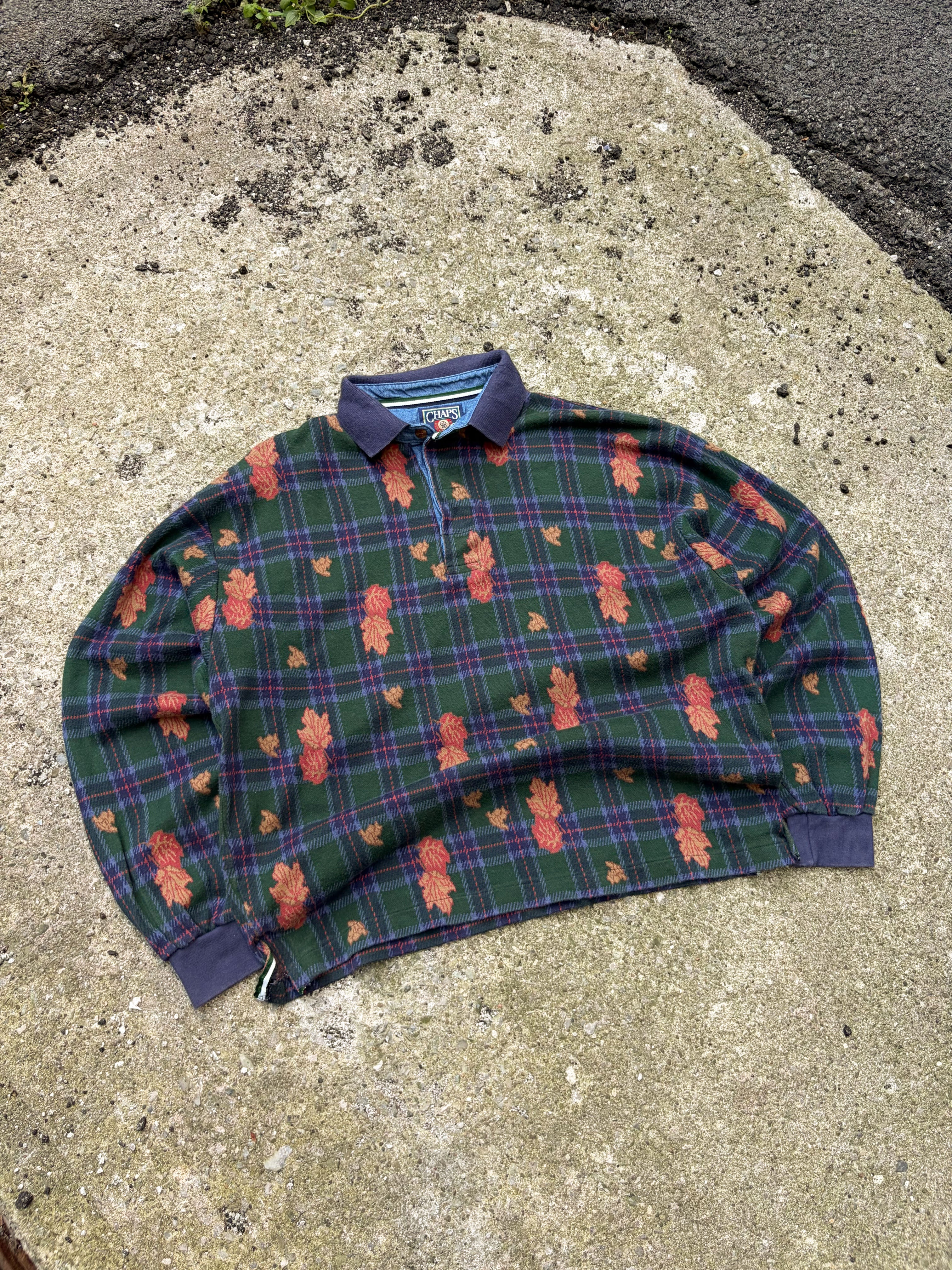 Vintage Chaps Ralph Lauren Plaid Autumn Leaves Pattern 1/4 Button Up Shirt Size Large