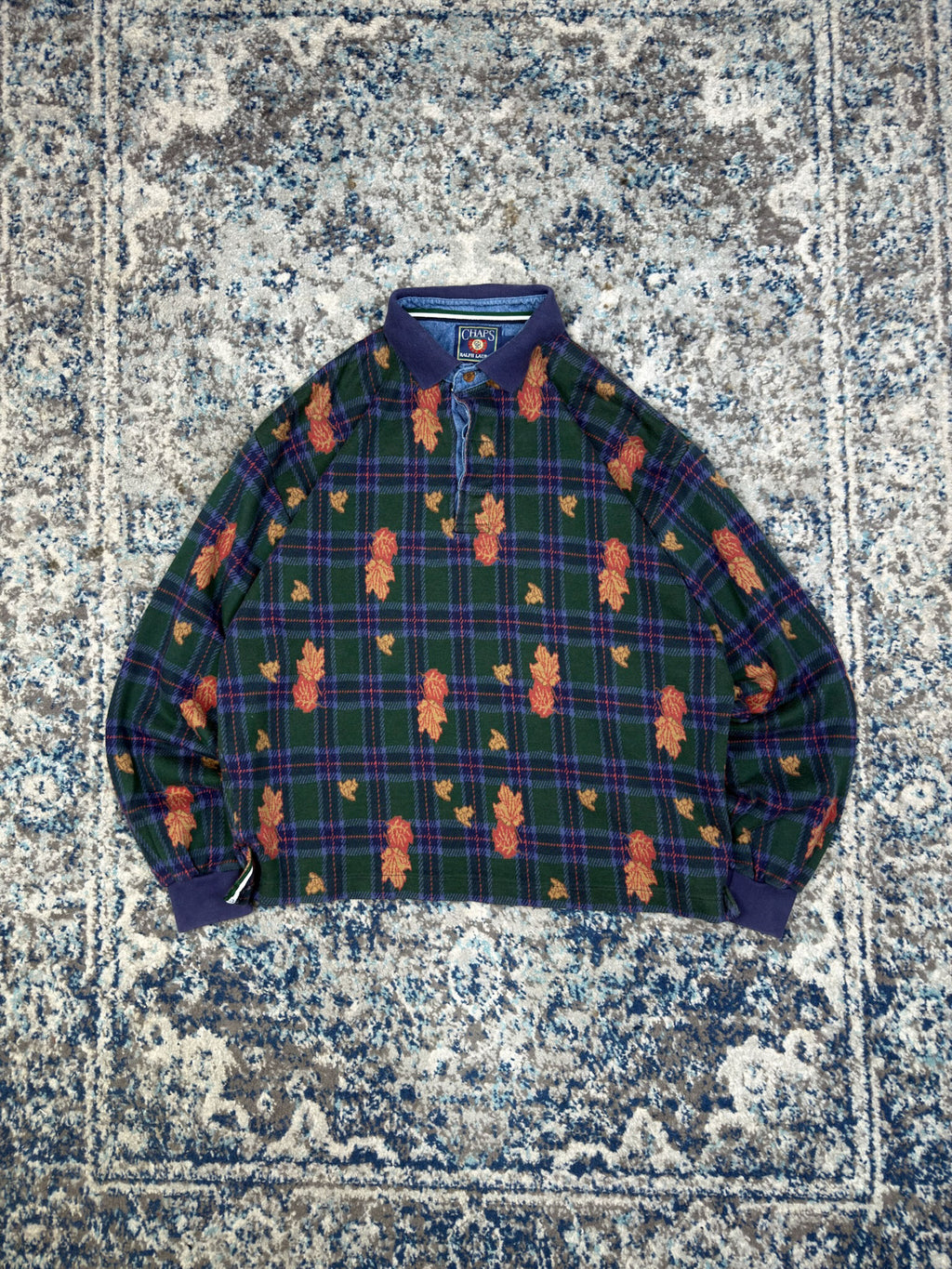 Vintage Chaps Ralph Lauren Plaid Autumn Leaves Pattern 1/4 Button Up Shirt Size Large