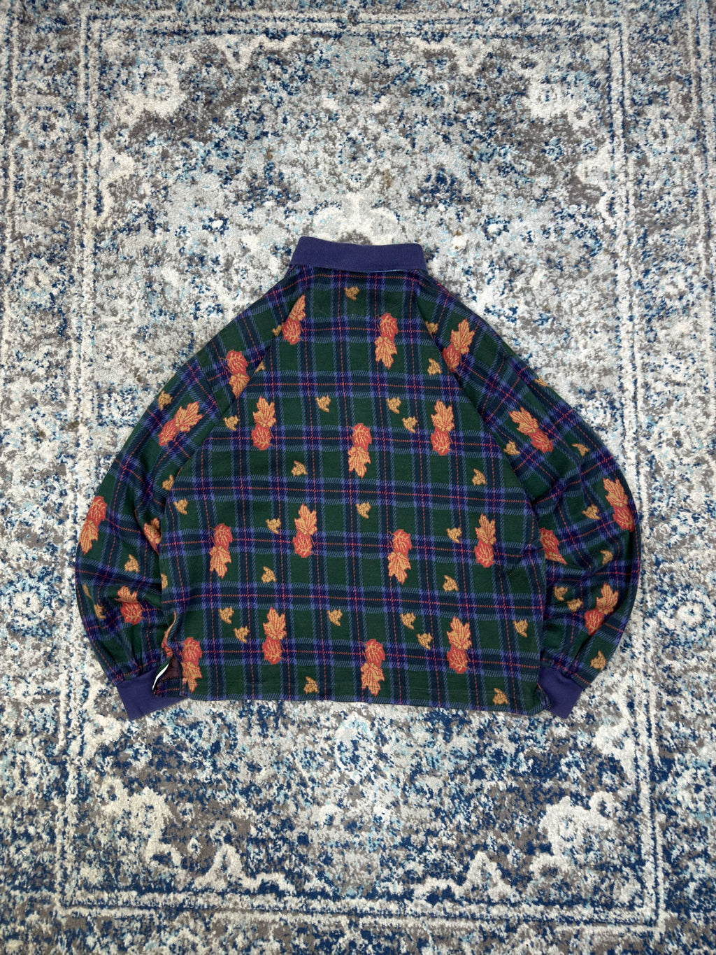 Vintage Chaps Ralph Lauren Plaid Autumn Leaves Pattern 1/4 Button Up Shirt Size Large