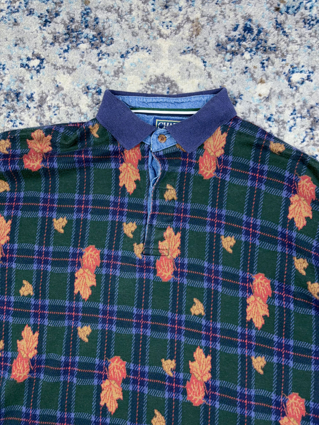 Vintage Chaps Ralph Lauren Plaid Autumn Leaves Pattern 1/4 Button Up Shirt Size Large