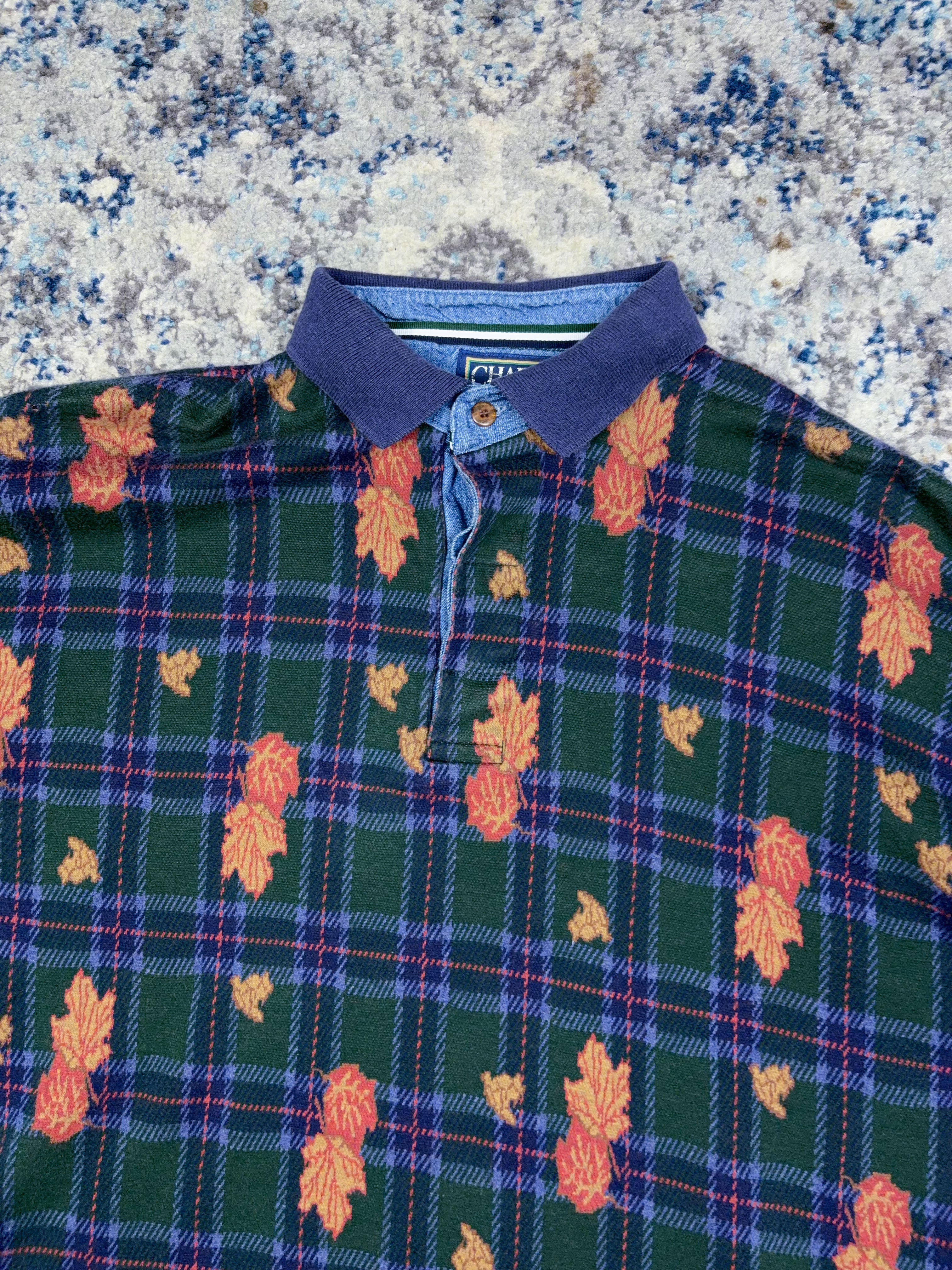 Vintage Chaps Ralph Lauren Plaid Autumn Leaves Pattern 1/4 Button Up Shirt Size Large