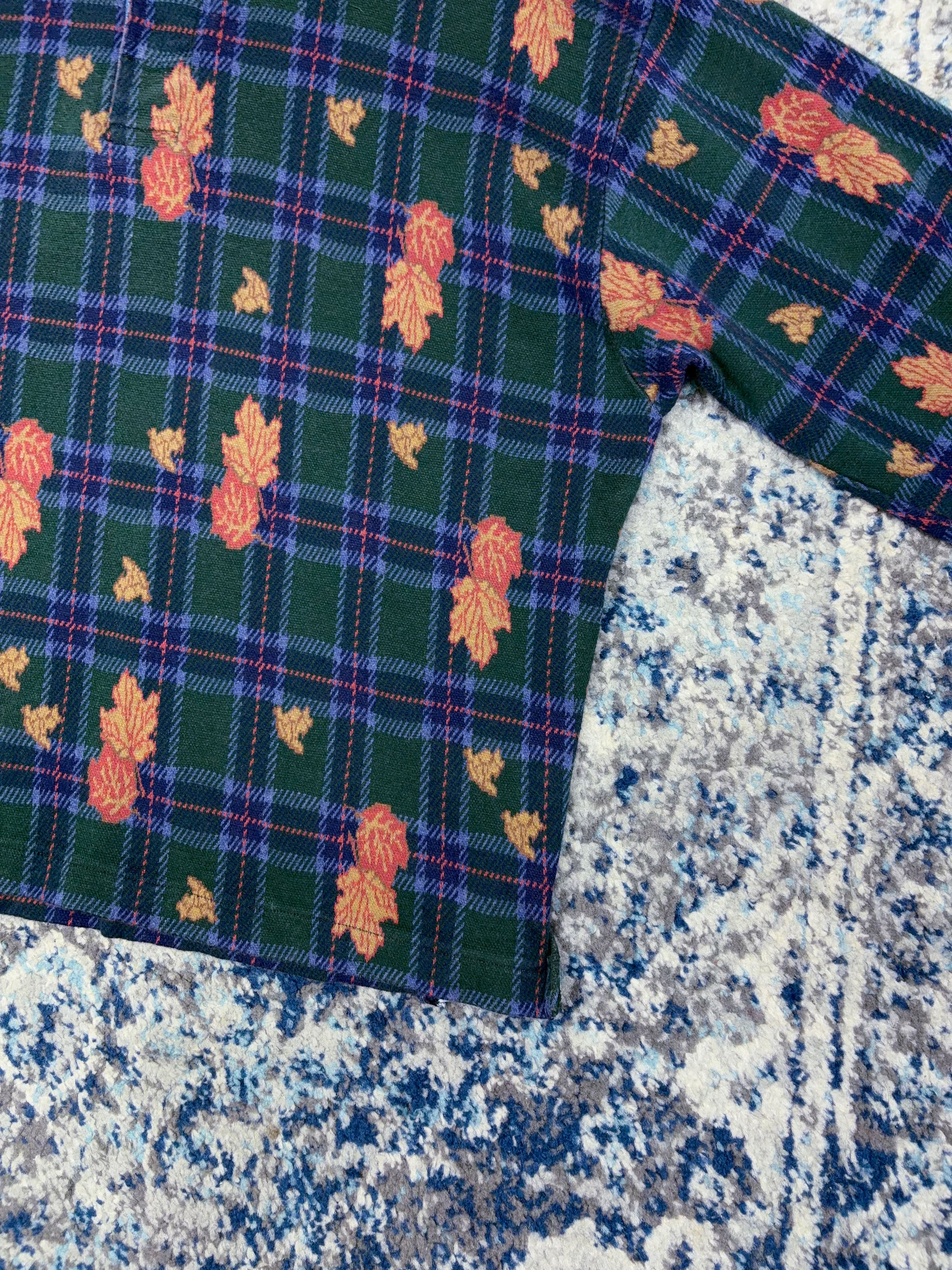 Vintage Chaps Ralph Lauren Plaid Autumn Leaves Pattern 1/4 Button Up Shirt Size Large