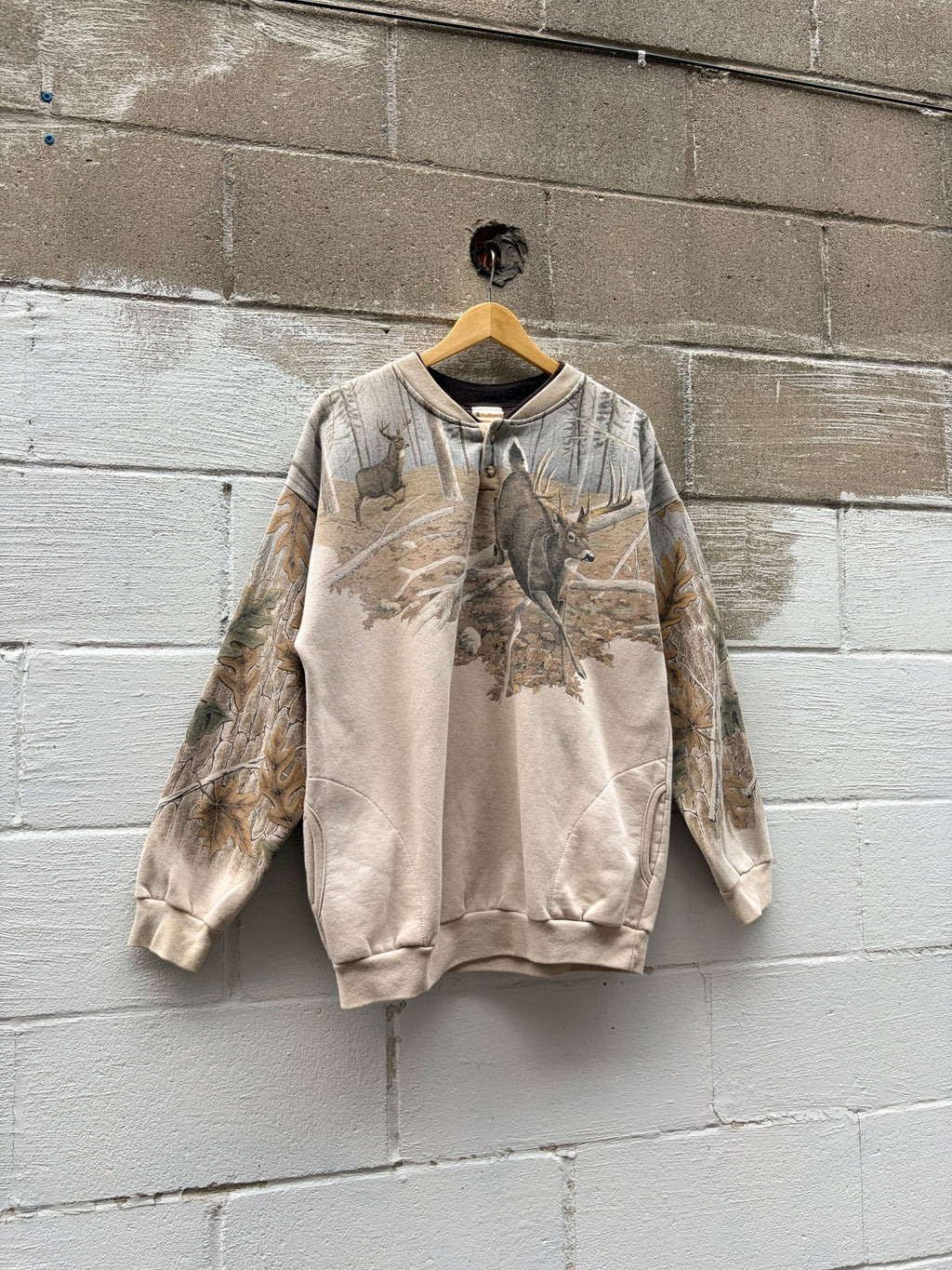 Vintage 90s Artisans Deer Nature Graphic Camo 1/4 Button Sweatshirt Size Large
