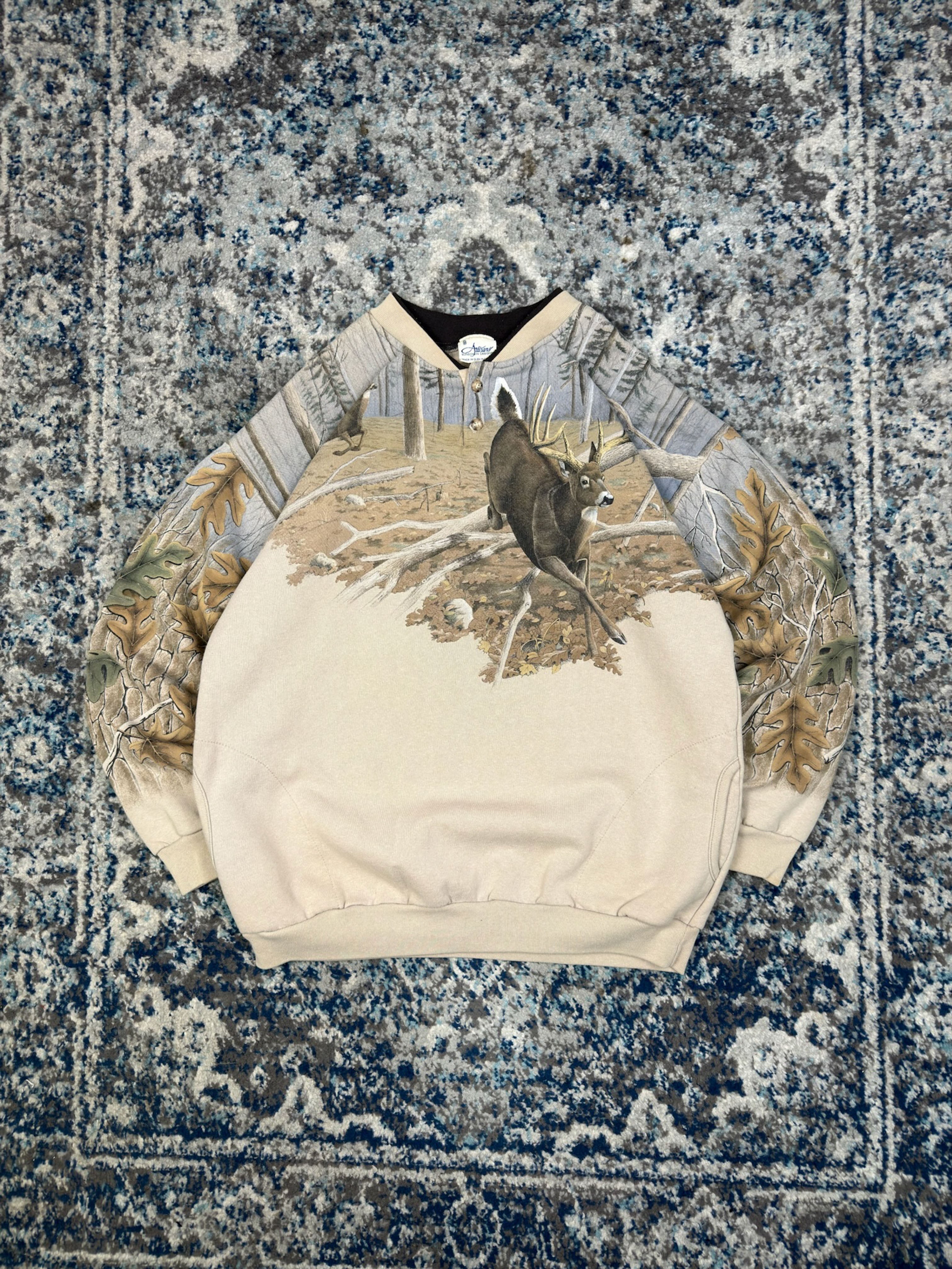 Vintage 90s Artisans Deer Nature Graphic Camo 1/4 Button Sweatshirt Size Large