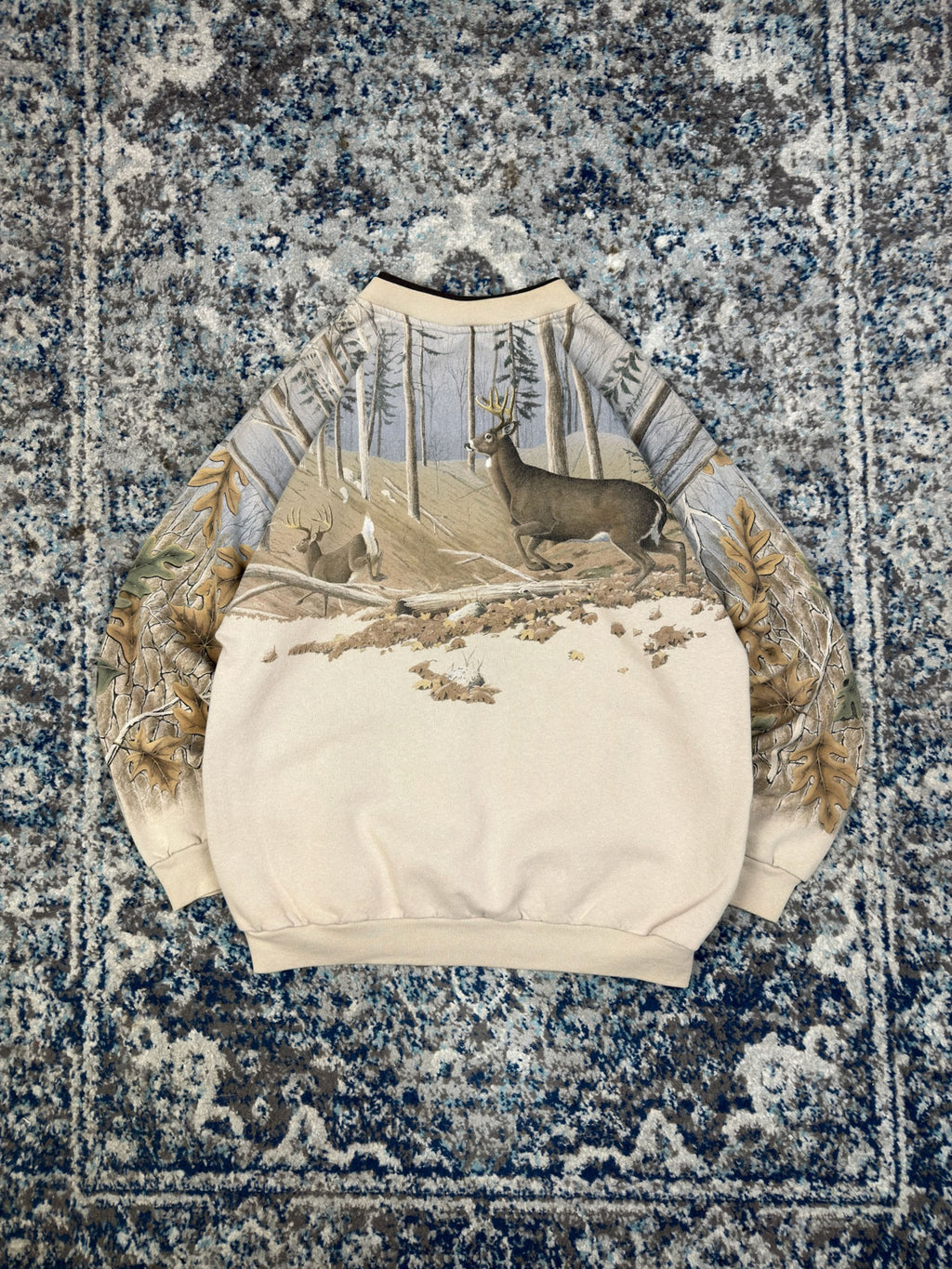 Vintage 90s Artisans Deer Nature Graphic Camo 1/4 Button Sweatshirt Size Large