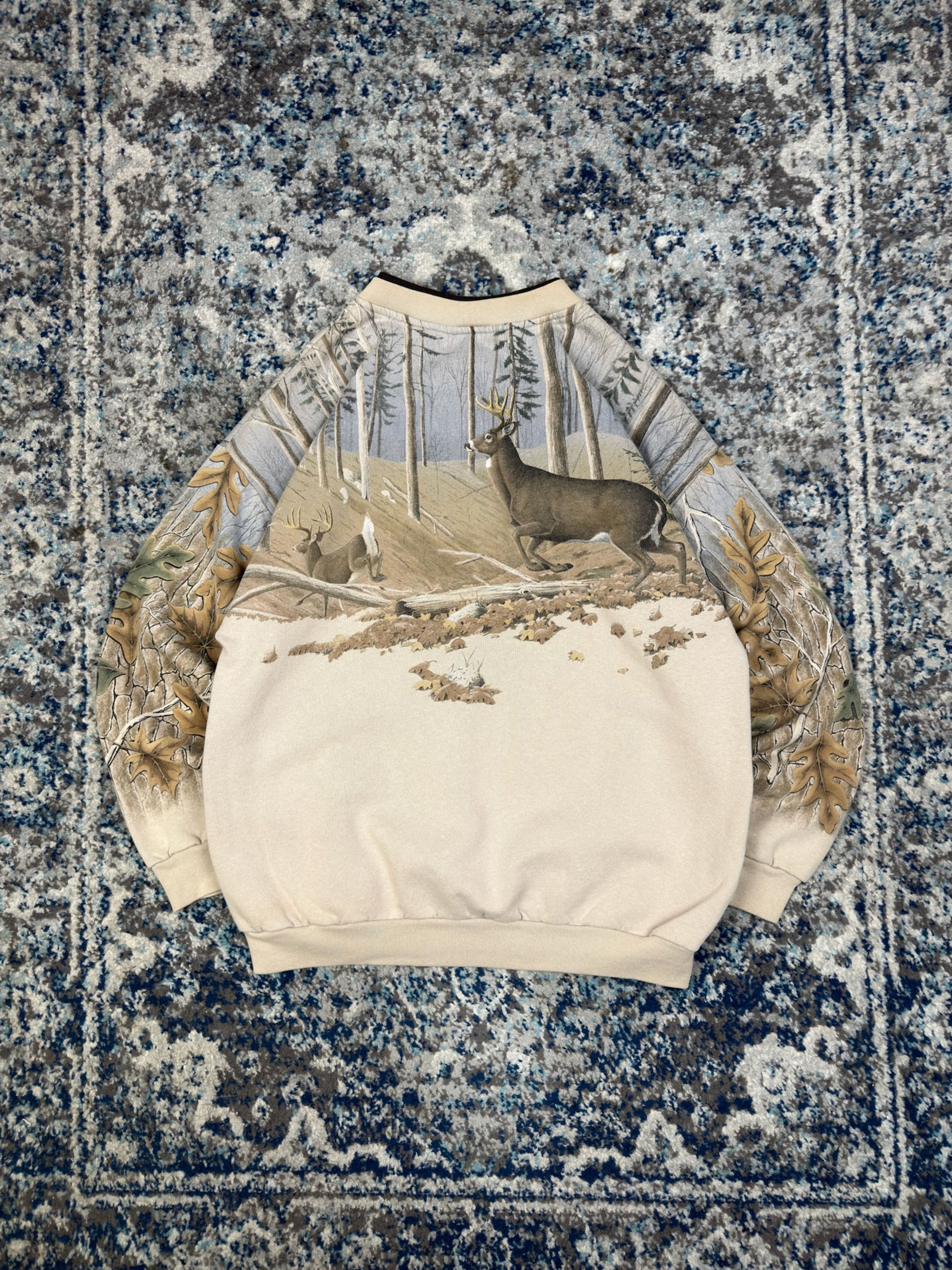 Vintage 90s Artisans Deer Nature Graphic Camo 1/4 Button Sweatshirt Size Large