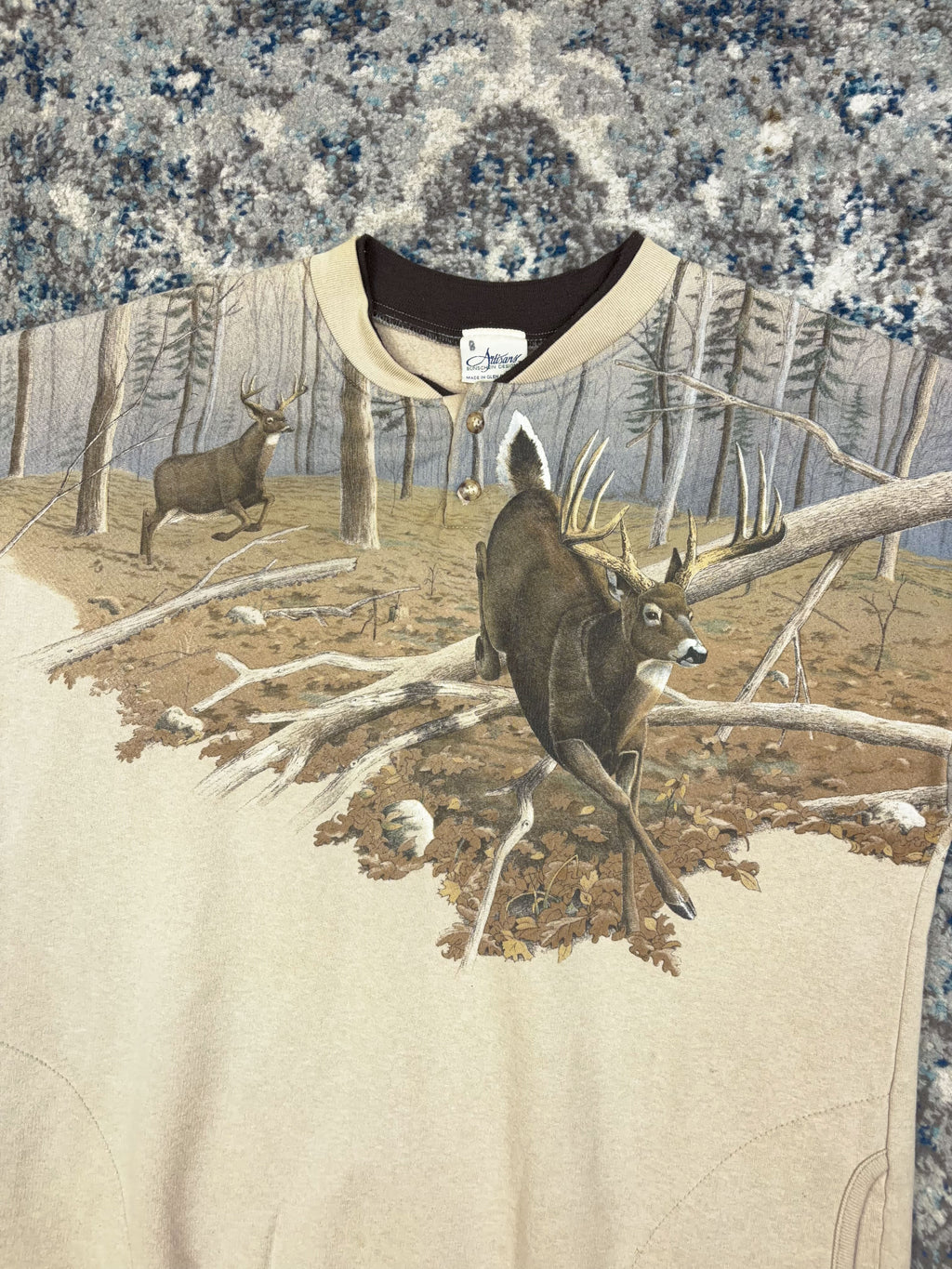 Vintage 90s Artisans Deer Nature Graphic Camo 1/4 Button Sweatshirt Size Large
