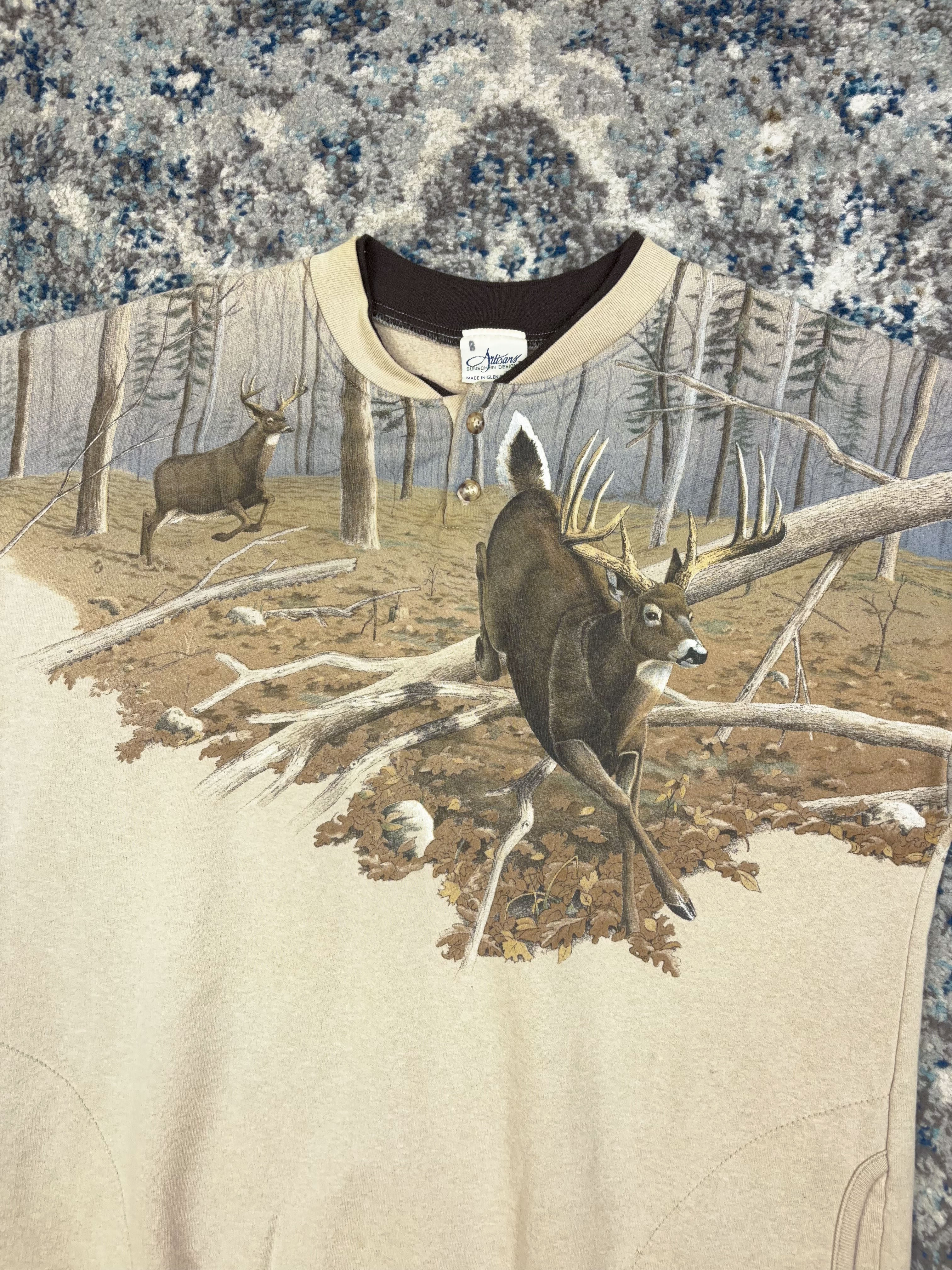 Vintage 90s Artisans Deer Nature Graphic Camo 1/4 Button Sweatshirt Size Large