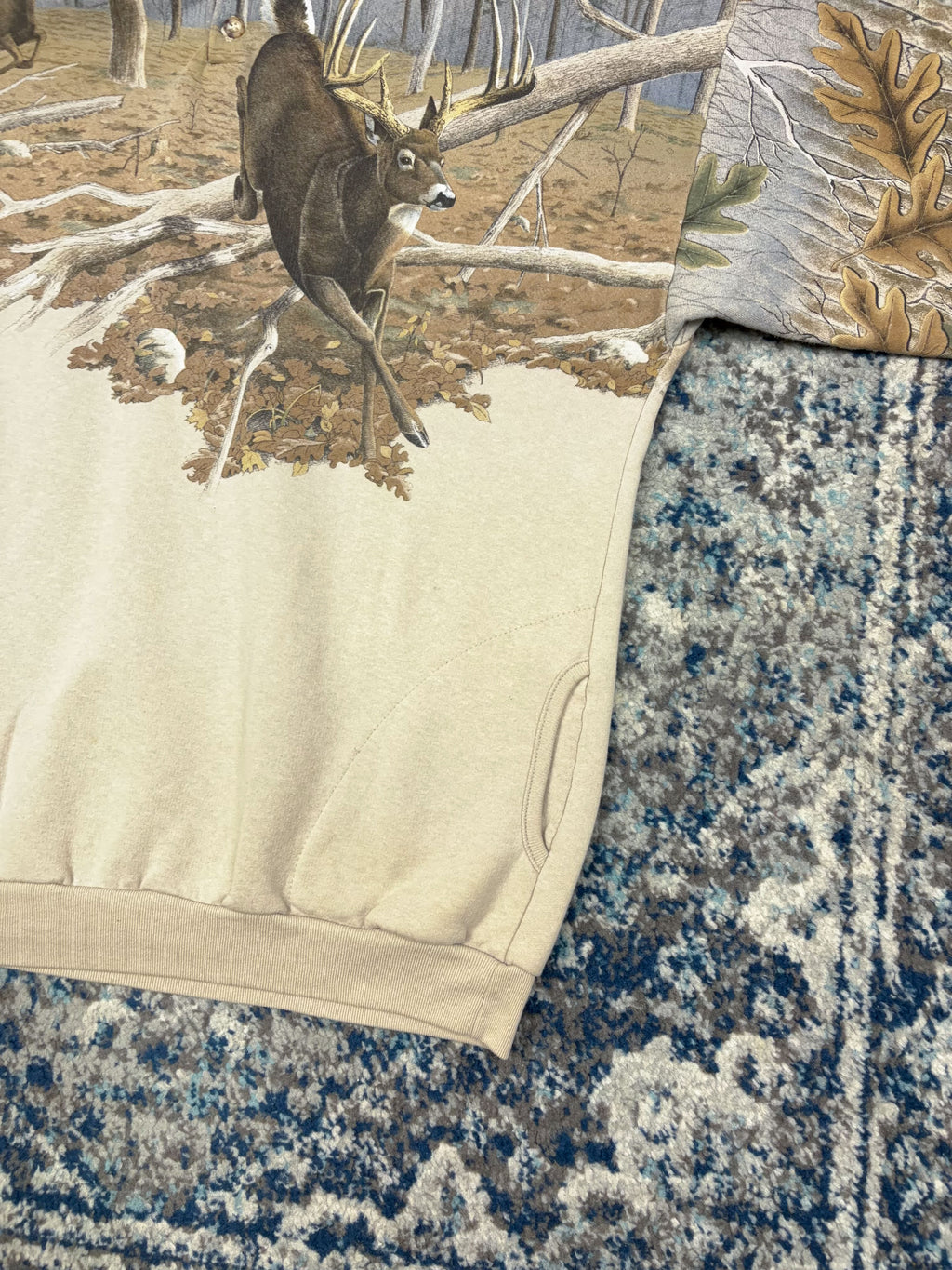 Vintage 90s Artisans Deer Nature Graphic Camo 1/4 Button Sweatshirt Size Large