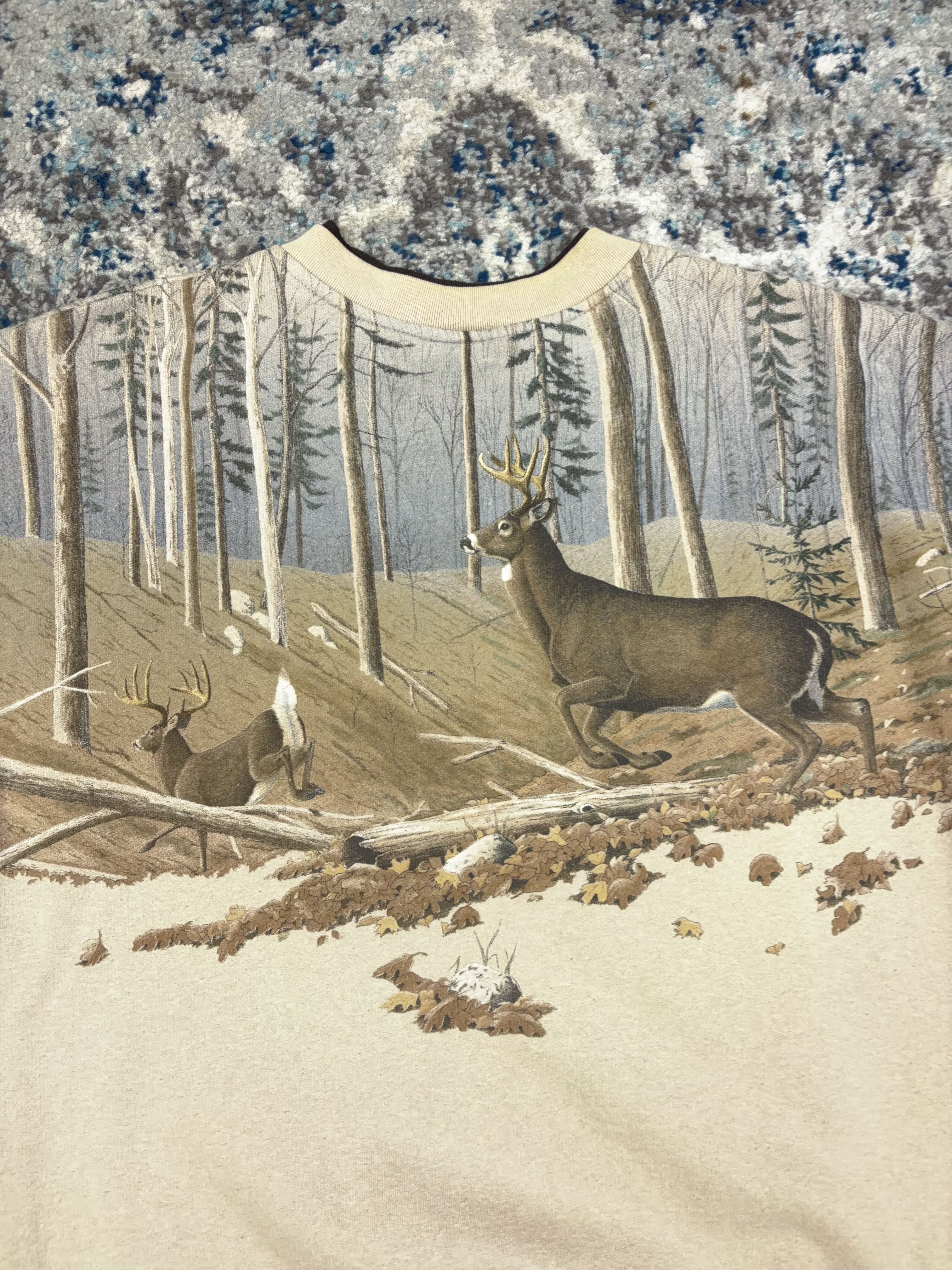Vintage 90s Artisans Deer Nature Graphic Camo 1/4 Button Sweatshirt Size Large