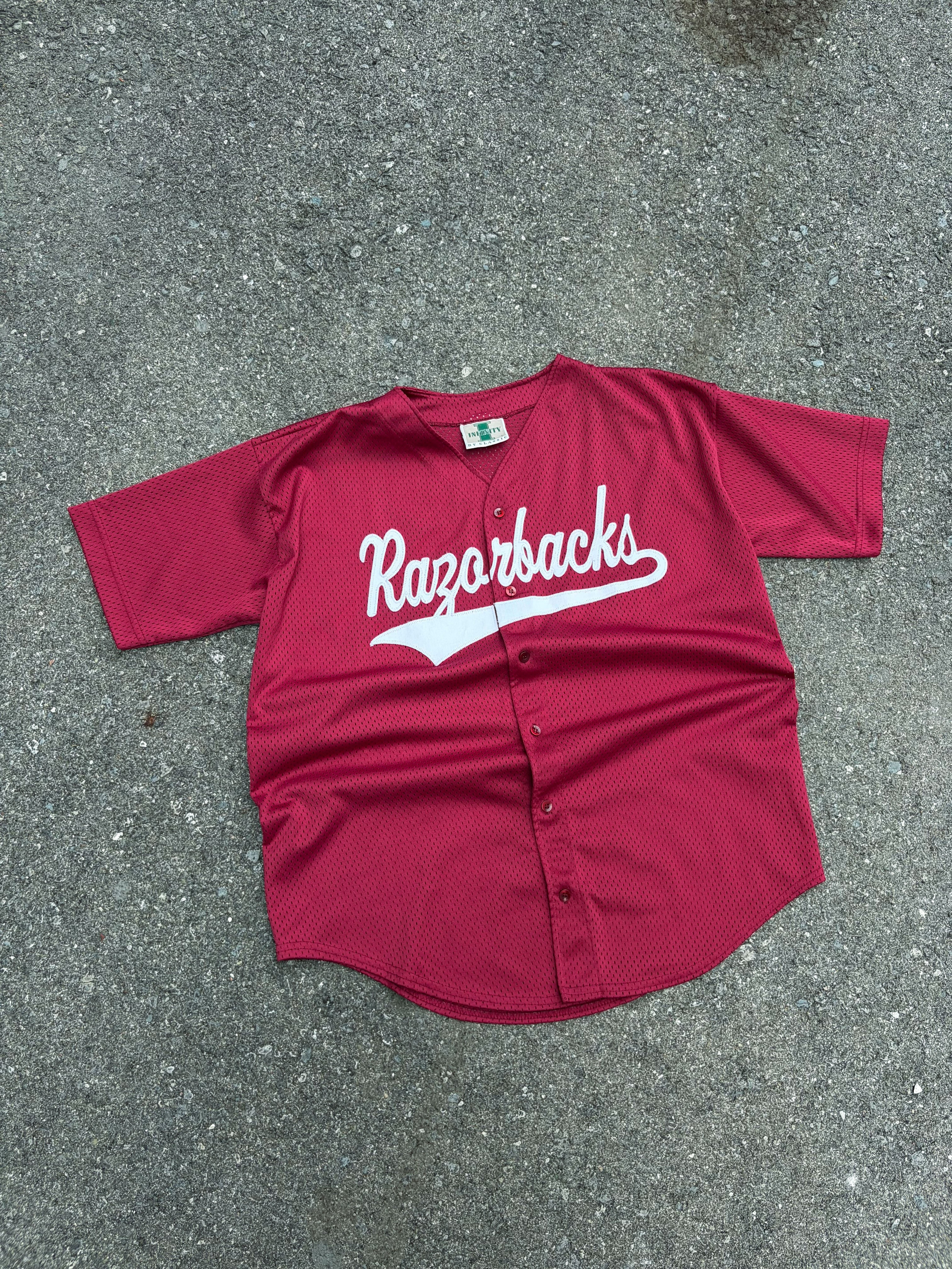 Vintage Arkansas Razorbacks NCAA Script Spellout Baseball Jersey Size Large