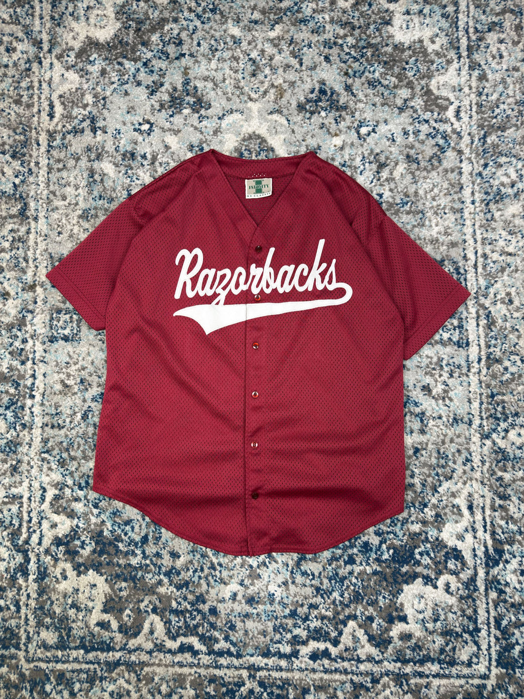 Vintage Arkansas Razorbacks NCAA Script Spellout Baseball Jersey Size Large