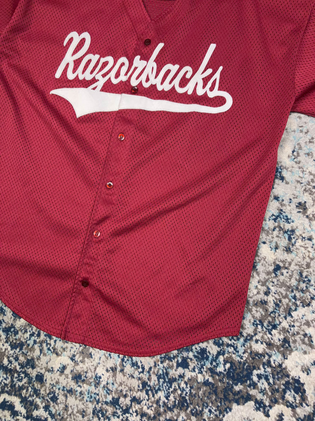 Vintage Arkansas Razorbacks NCAA Script Spellout Baseball Jersey Size Large